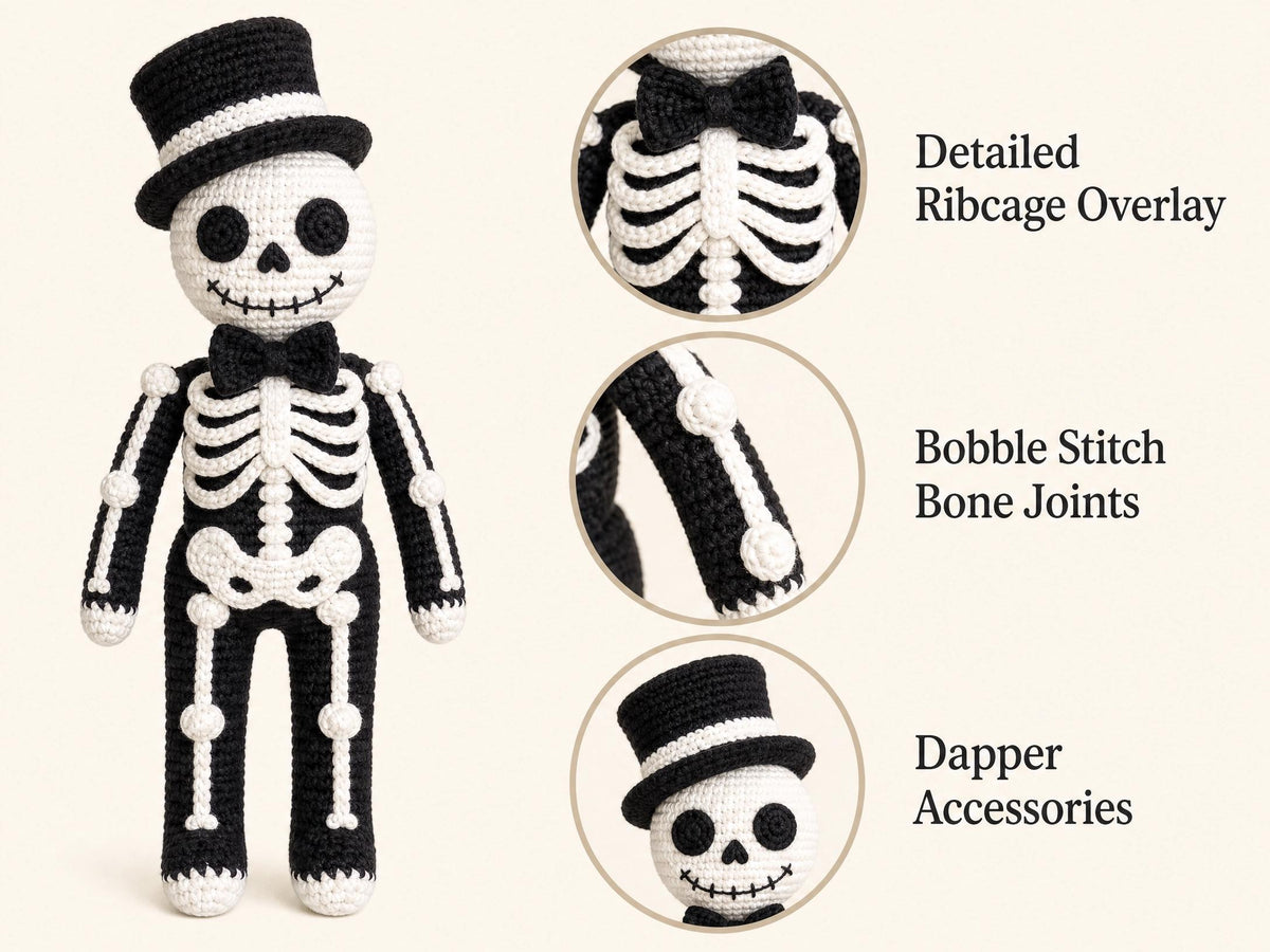 Sir Bonaparte Skeleton Crochet Pattern | Advanced Amigurumi PDF | Posable Skeleton Doll