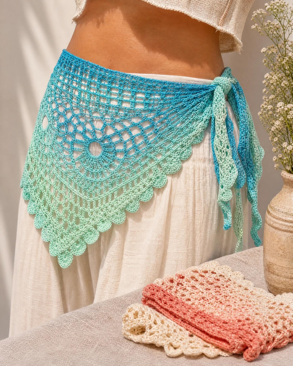 Coastal Lace Crochet Bandana Pattern | Beginner Triangle Wrap (PDF Download)