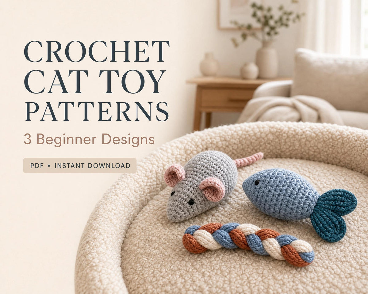 Crochet Cat Toy Patterns PDF, 3 Beginner Designs: Mouse, Fish & Braid, Digital Download, US Terms