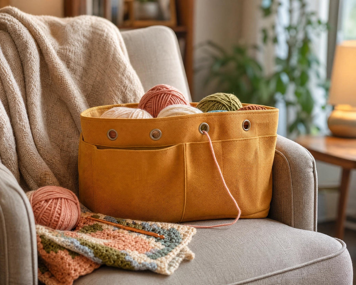 Round Crochet Yarn Storage Bag Pattern, Chunky Knit Drawstring Organizer PDF (Digital Download)