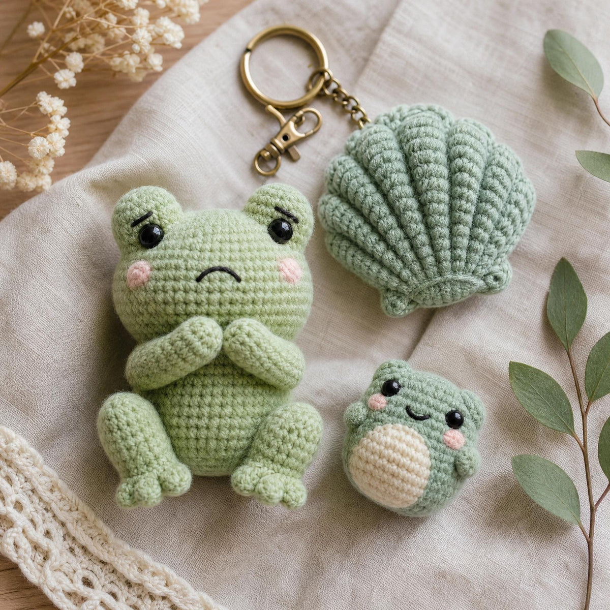 Beginner Crochet Frog Pattern PDF, Sitting Frog, Mini Keychain, Shell Charm (Digital Download)