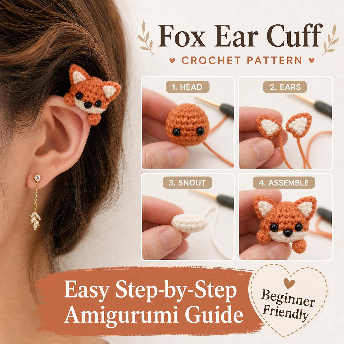 Crochet Fox Ear Cuff Pattern | Tiny Amigurumi Fox, Beginner Friendly (PDF Download)