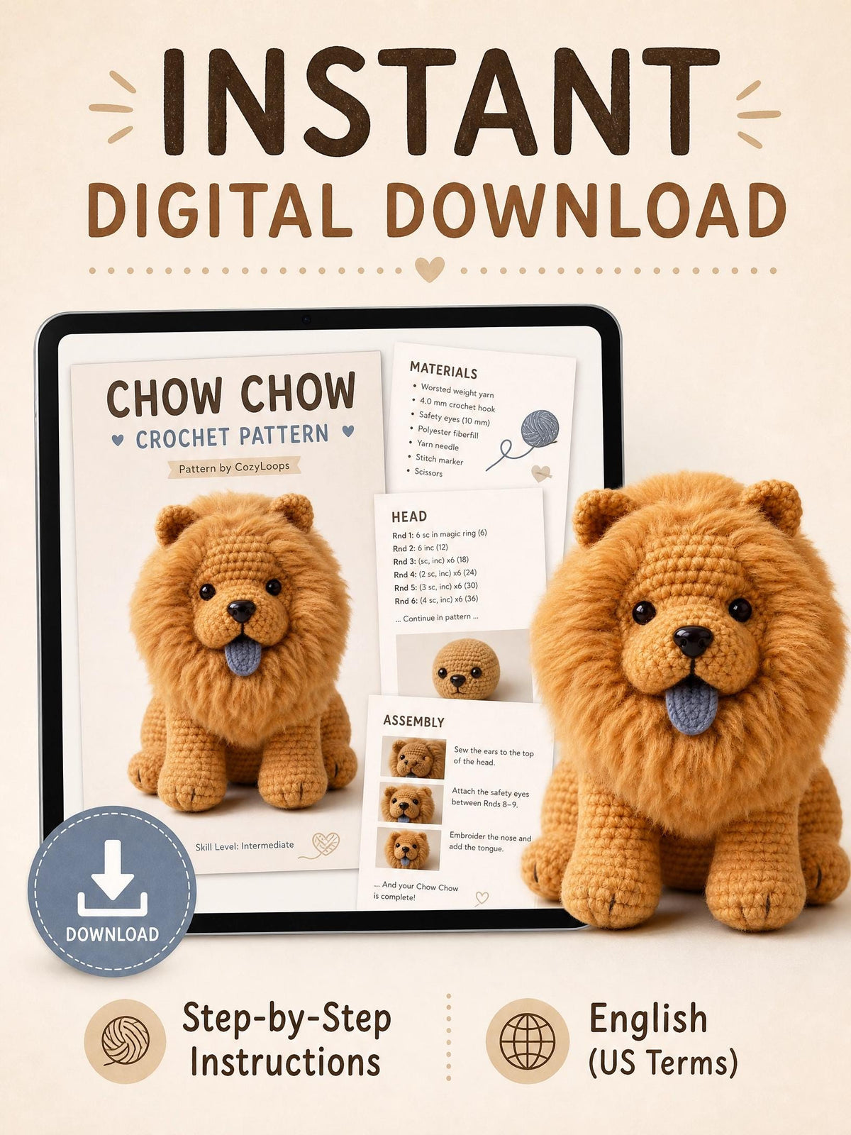 Chow Chow Amigurumi Crochet Pattern | Fluffy Dog Plushie Tutorial (PDF Download)