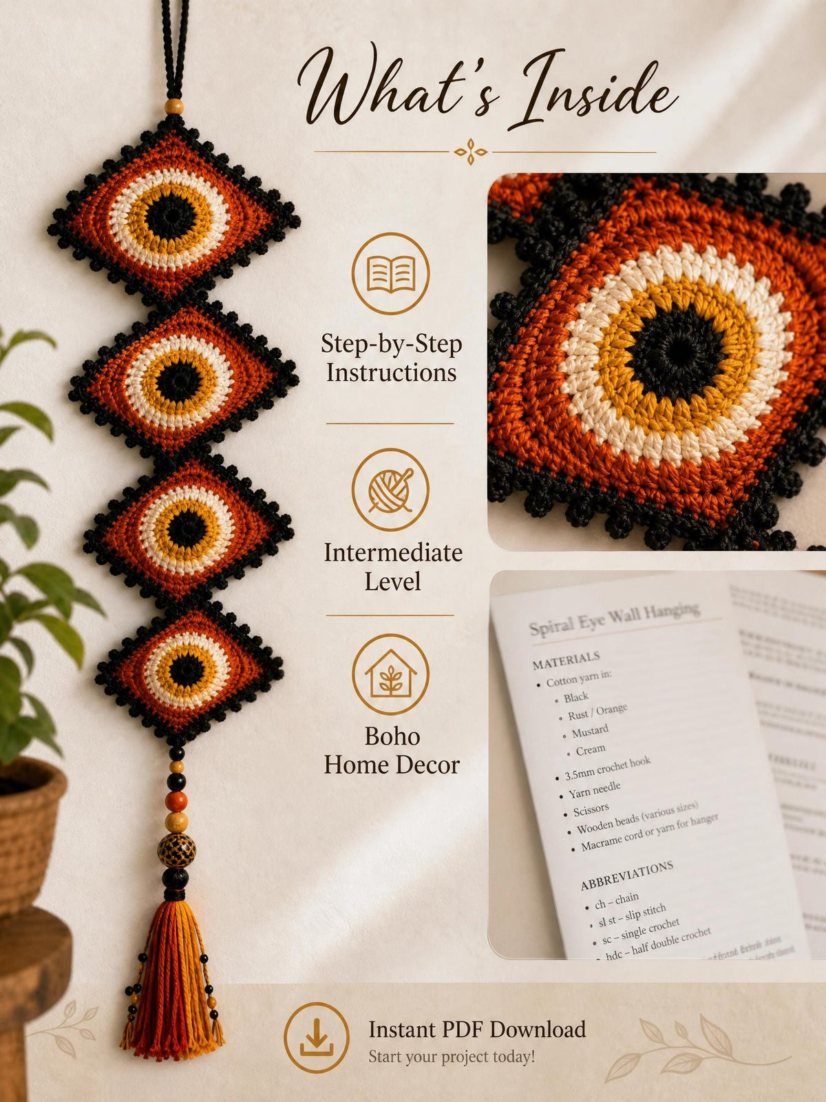 Crochet Spiral Eye Wall Hanging | Boho Evil Eye Decor (PDF Pattern)
