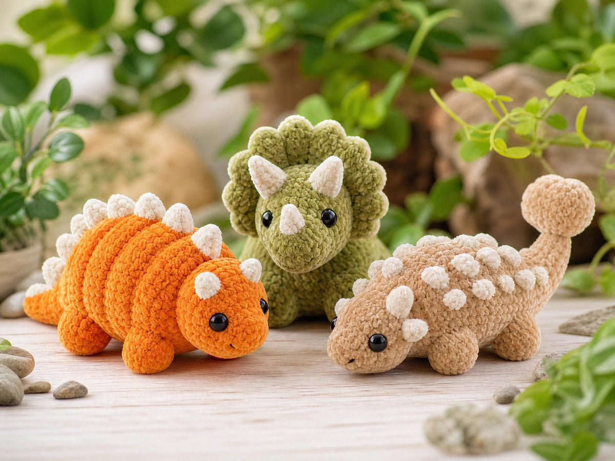 3-in-1 Dinosaur Crochet Pattern PDF | Mini Triceratops, Ankylosaurus & Dragon Amigurumi | No-Sew Plush | Instant Download