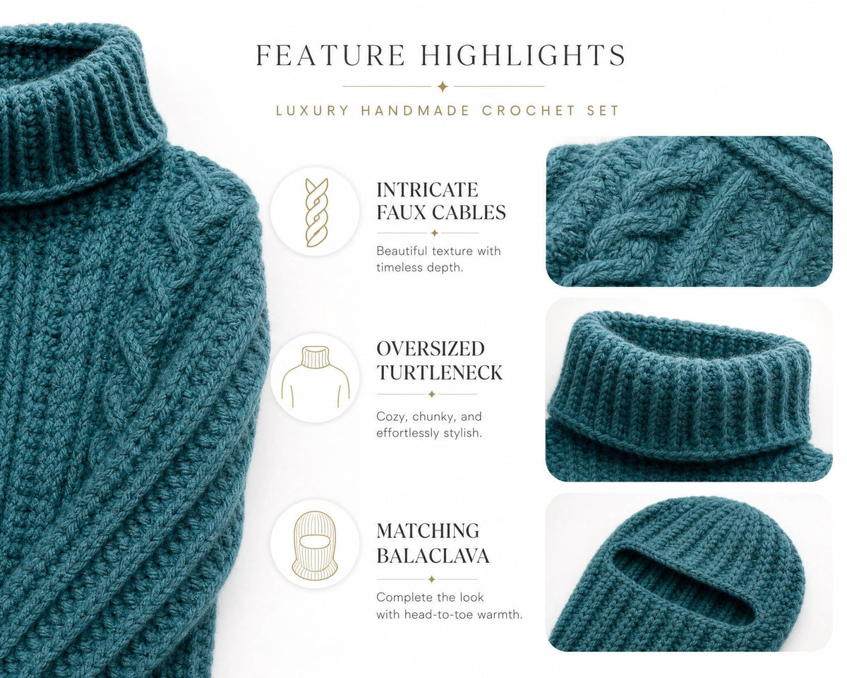 Lichen Cables Balaclava Sweater Crochet Pattern | Chunky Faux Cable Co-Ord Set (PDF Download)