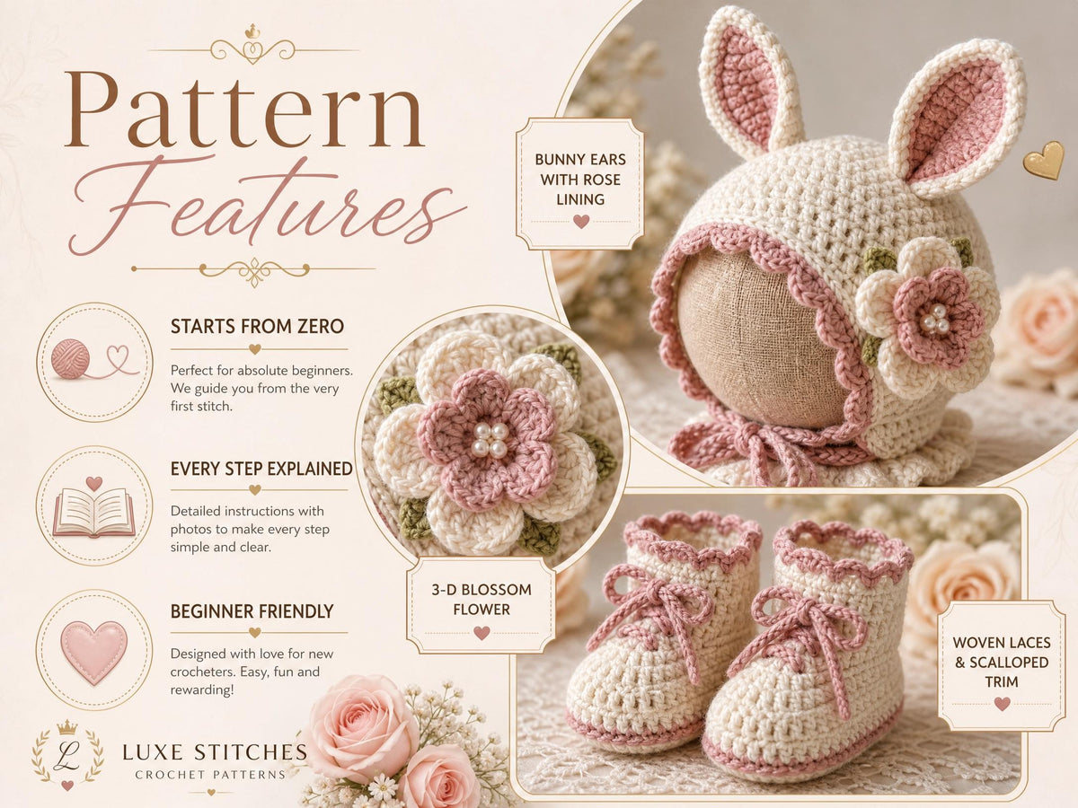 Bunny Baby Bonnet Booties Crochet Pattern, Newborn Photo Prop, Beginner PDF
