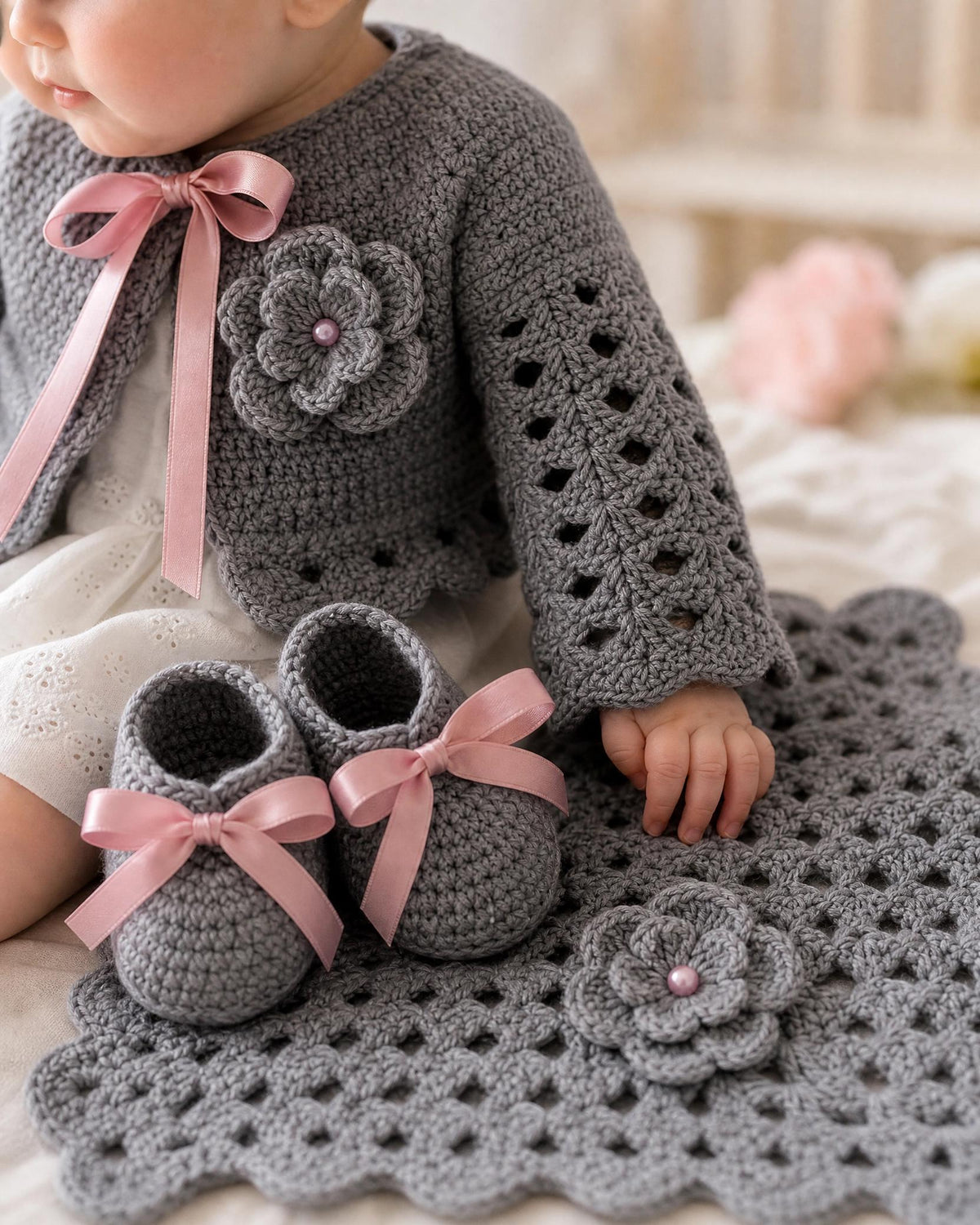 Crochet Baby Layette Set Pattern, 3-6 Month Cardigan, Hat, Booties, Blanket (PDF)