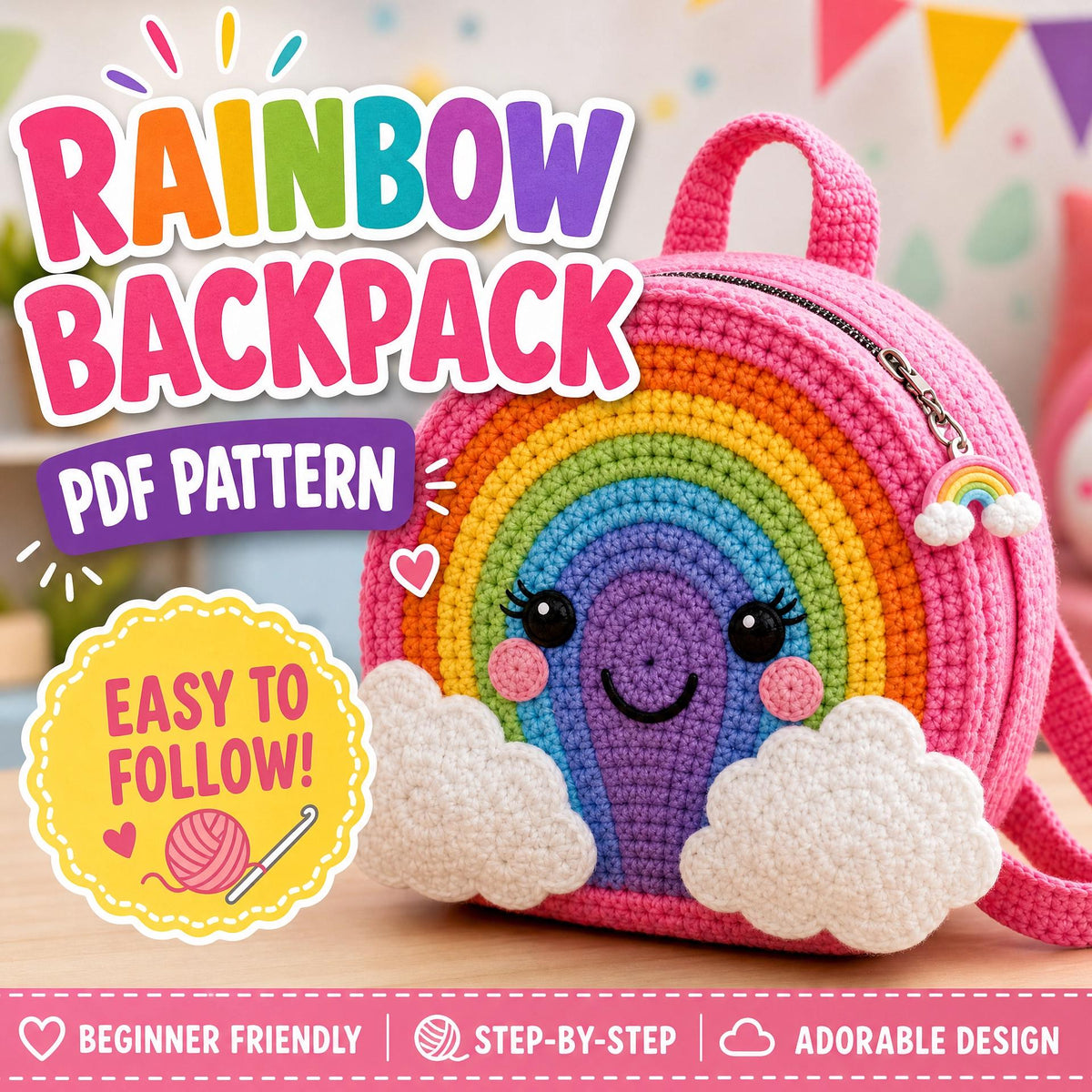 Rainbow Backpack Crochet Pattern | Child Bag PDF, Amigurumi Style Clouds