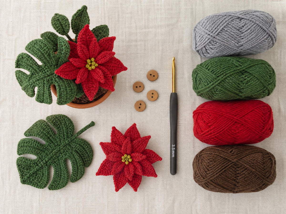 Crochet Plant Pattern – Interchangeable Monstera Leaf, Poinsettia Flower (PDF)