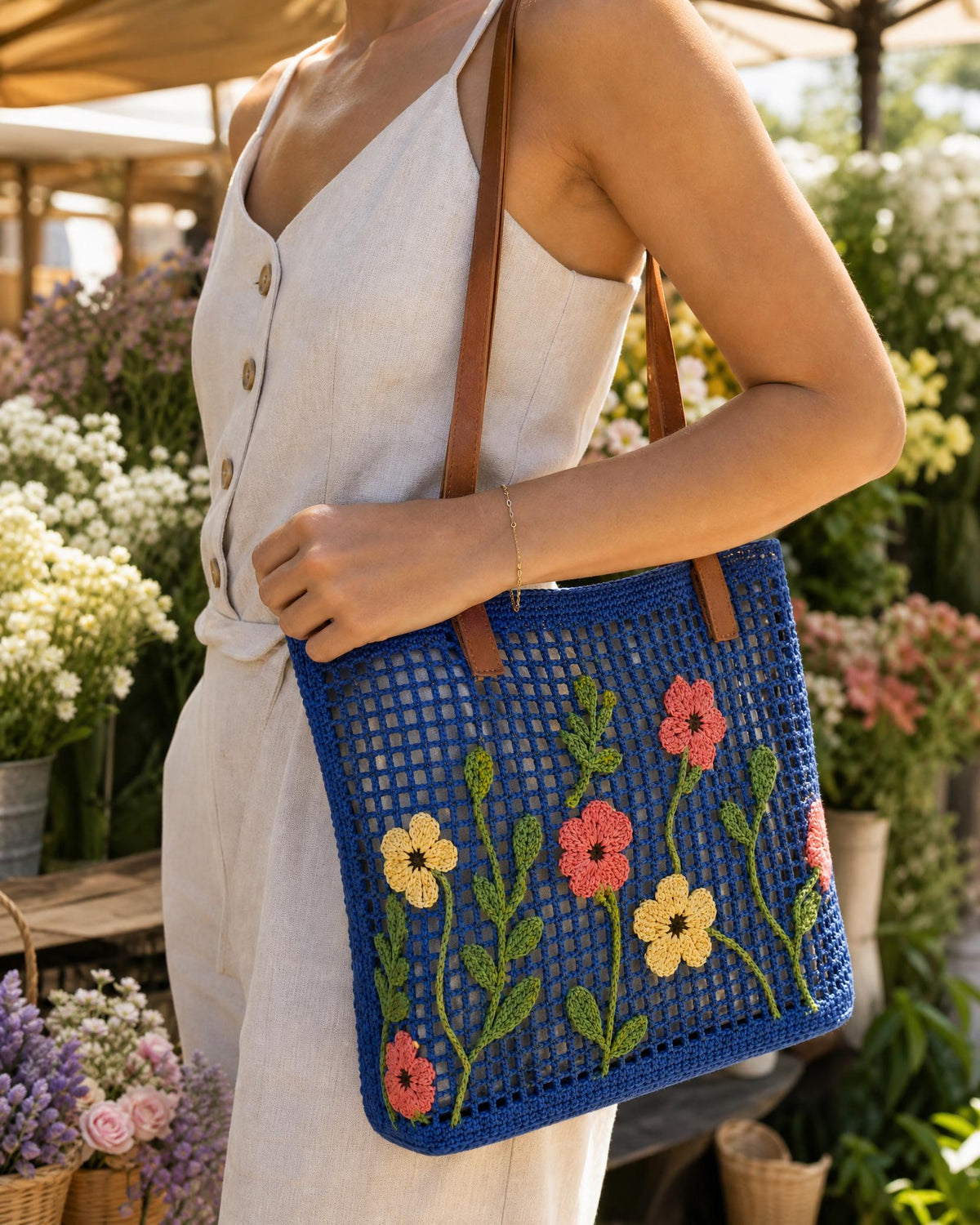 Floral Filet Crochet Tote Bag Pattern PDF | Beginner Mesh Market Bag | Flower Appliqué Purse | Instant Digital Download