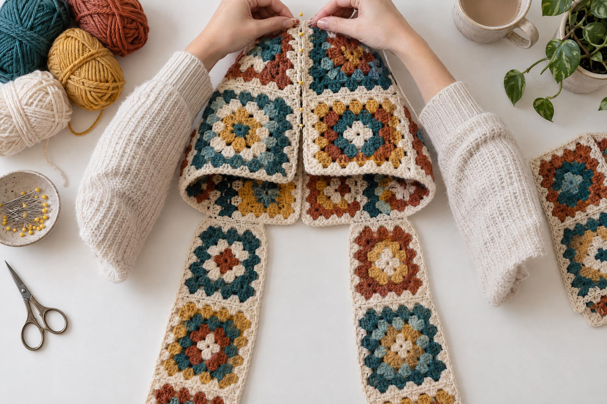 Crochet Hooded Scarf Pattern: 32 Granny Squares, Pockets, Tassel Fringe (Digital Download)