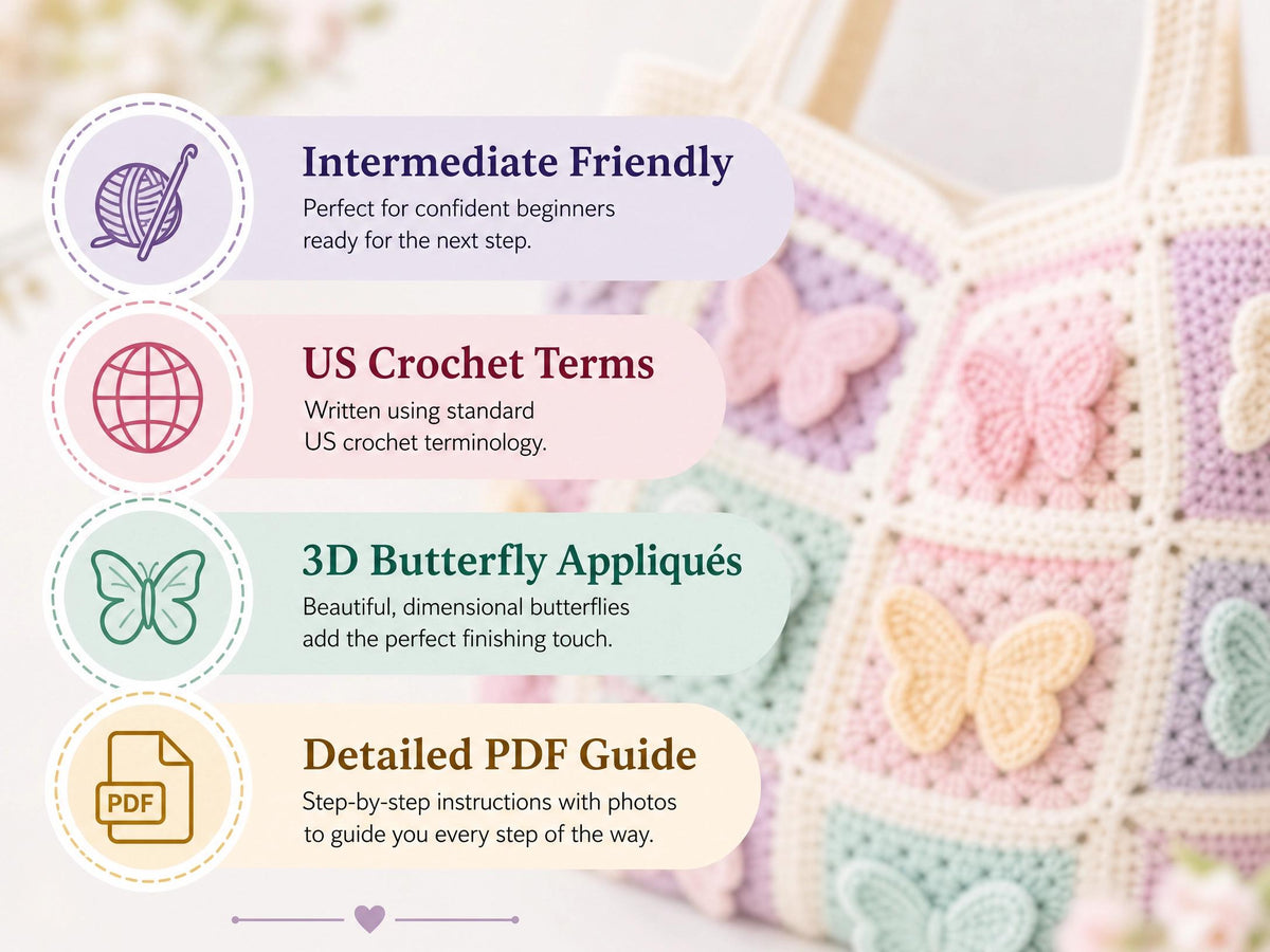 Pastel Granny Square Butterfly Bag Crochet Pattern – Beginner Tote (PDF Download)