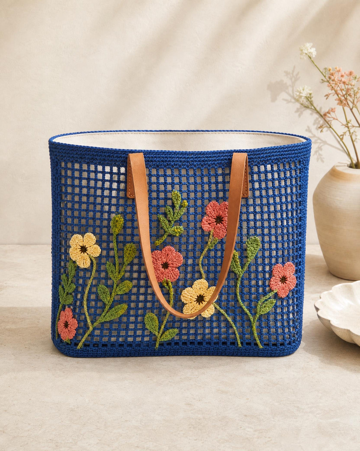 Floral Filet Crochet Tote Bag Pattern PDF | Beginner Mesh Market Bag | Flower Appliqué Purse | Instant Digital Download