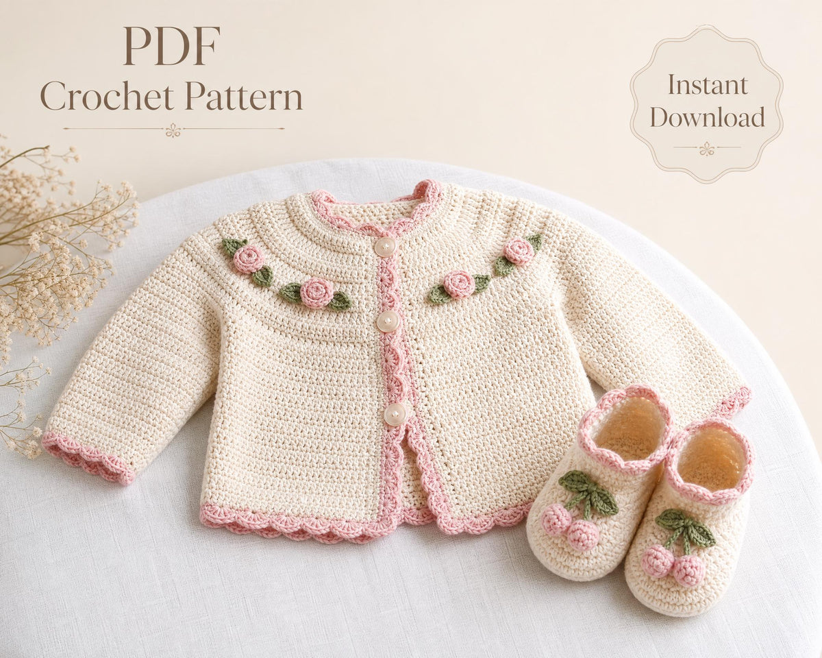 Beginner Crochet Baby Cardigan & Booties Pattern | Cherry Blossom Sweater Set (PDF Download)