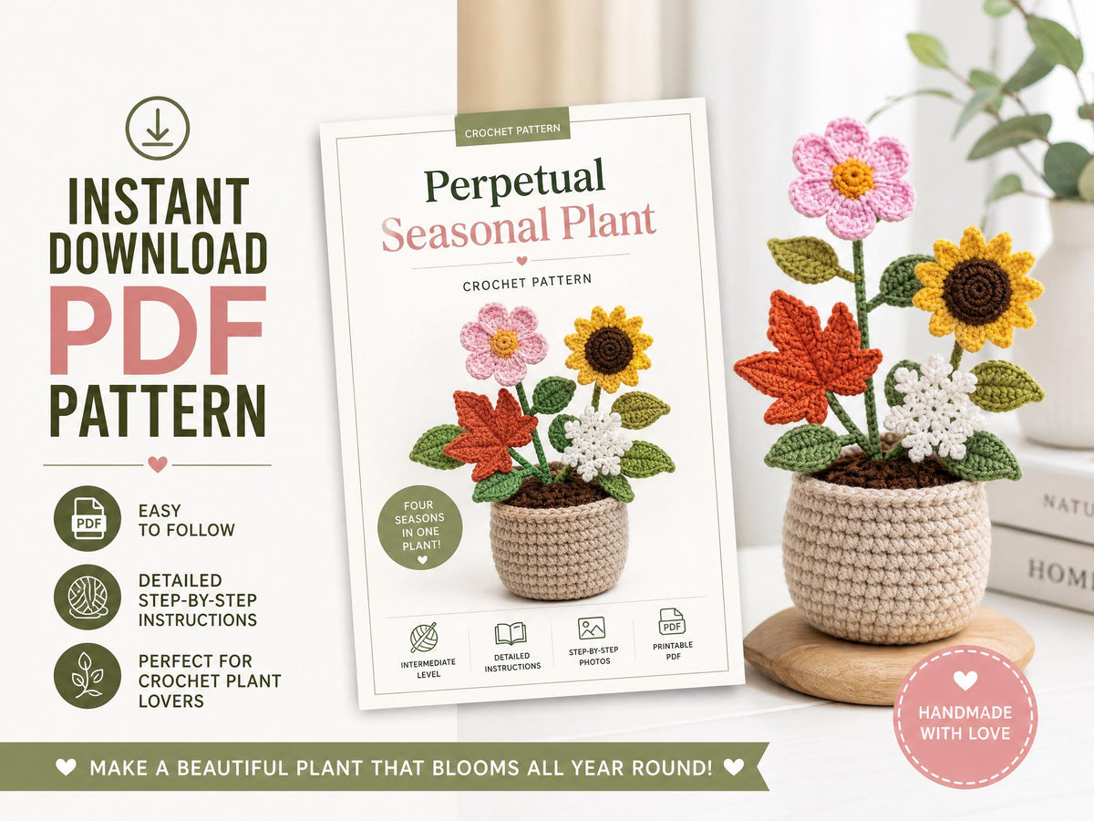 Crochet Plant Pattern – Interchangeable Monstera Leaf, Poinsettia Flower (PDF)