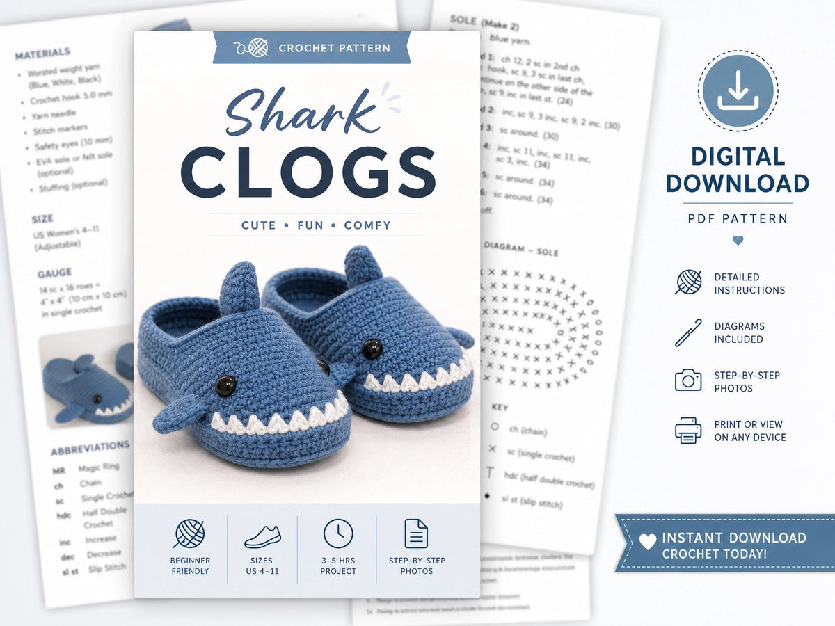 Baby Shark Clogs Crochet Pattern | Beginner Booties, Shark Shoes (Digital PDF Download)