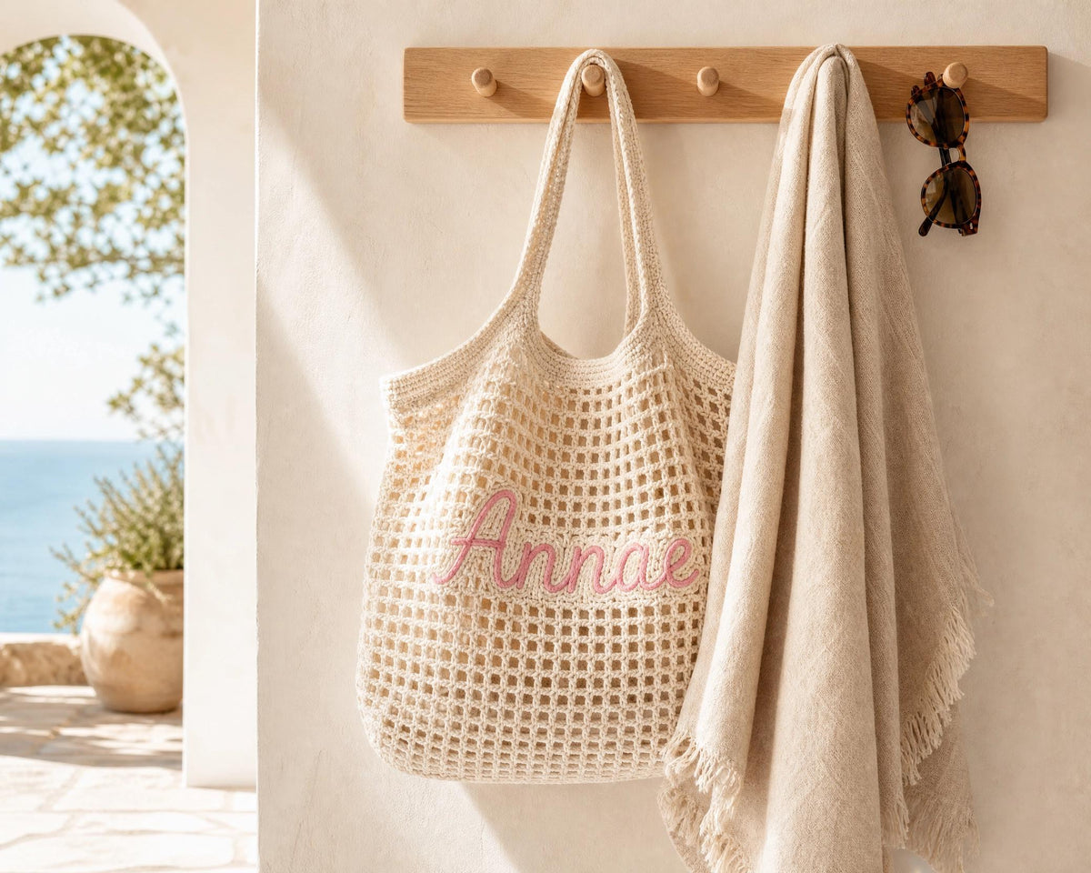 Crochet Beach Bag Pattern | Oversized Net Tote, Personalized Name Appliqué (PDF Download)