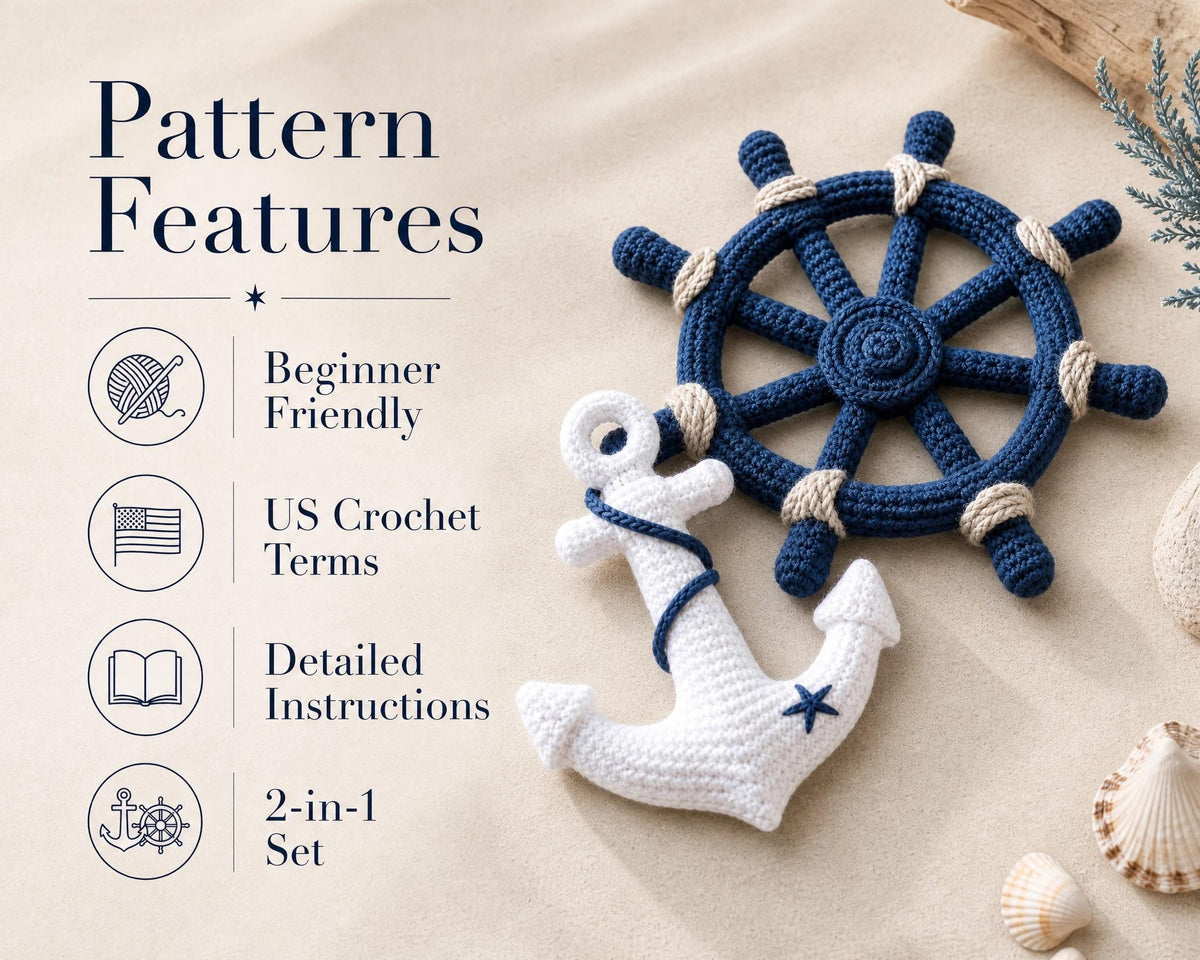 Nautical Crochet Pattern Set, Ship Wheel Anchor Decor, Beginner Friendly PDF (Instant Download)