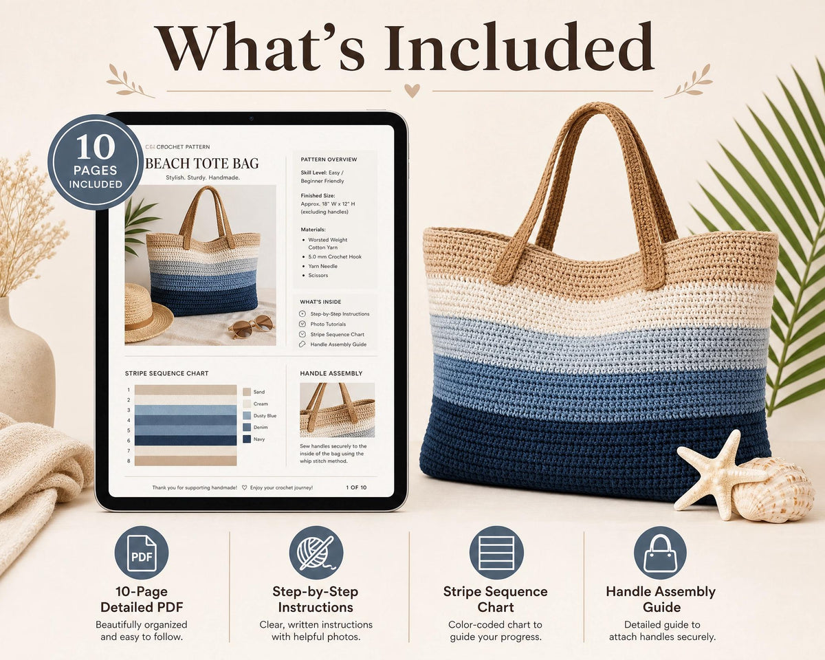 Striped Crochet Beach Tote Bag Pattern, Beginner Friendly Market Bag (PDF)