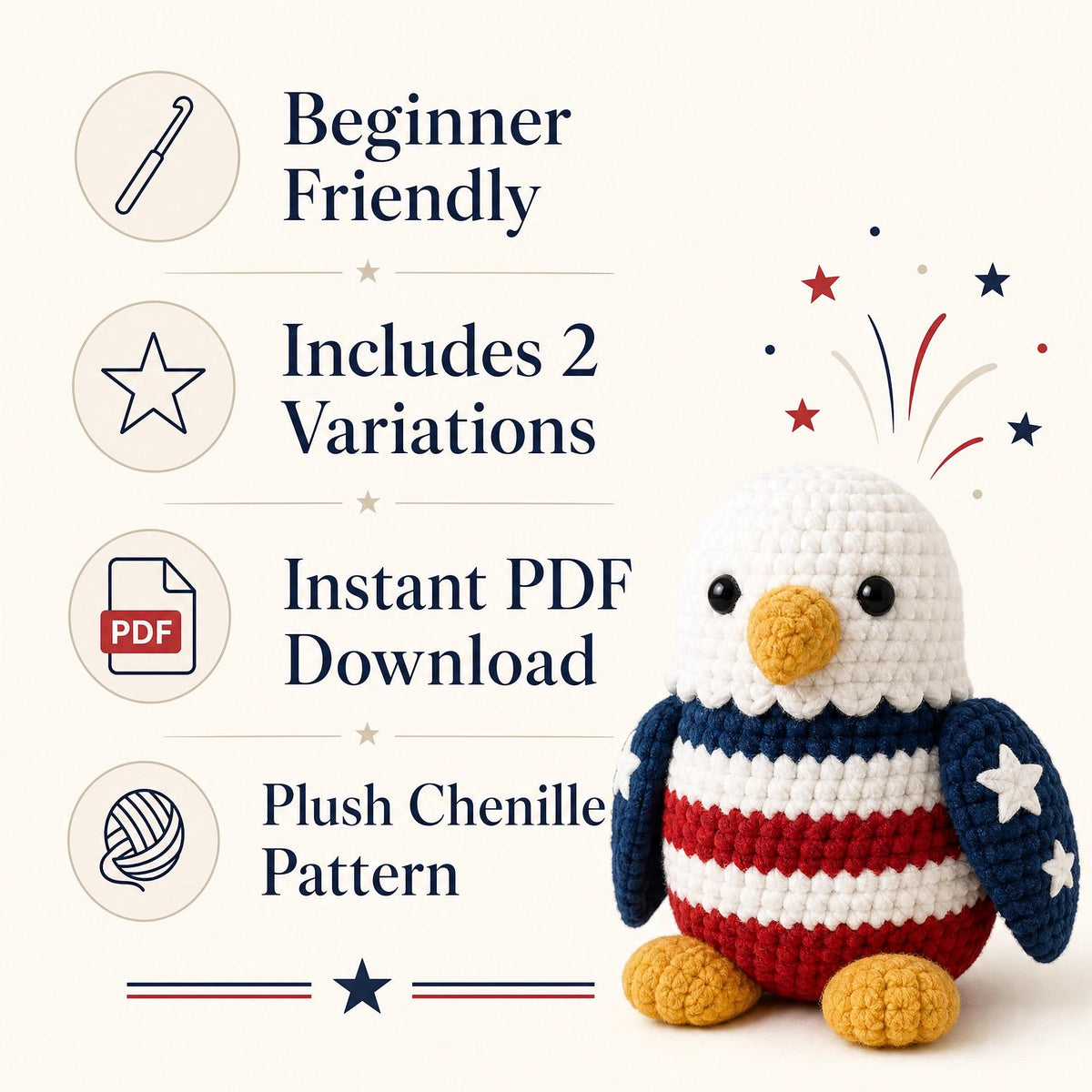 American Eagle Amigurumi Crochet Pattern | Beginner Friendly Bald Eagle Plush (PDF)