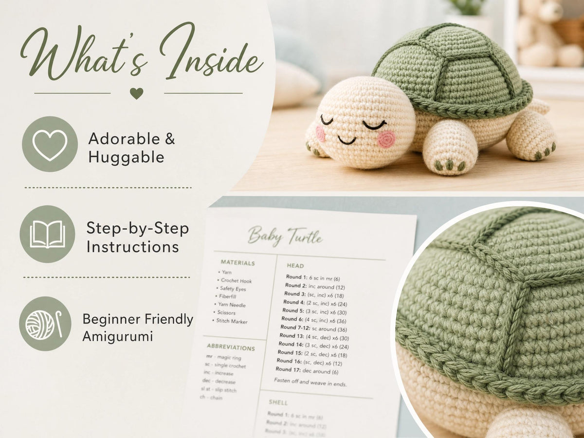 Sage Baby Turtle Amigurumi Crochet Pattern | Beginner Friendly Sea Turtle PDF