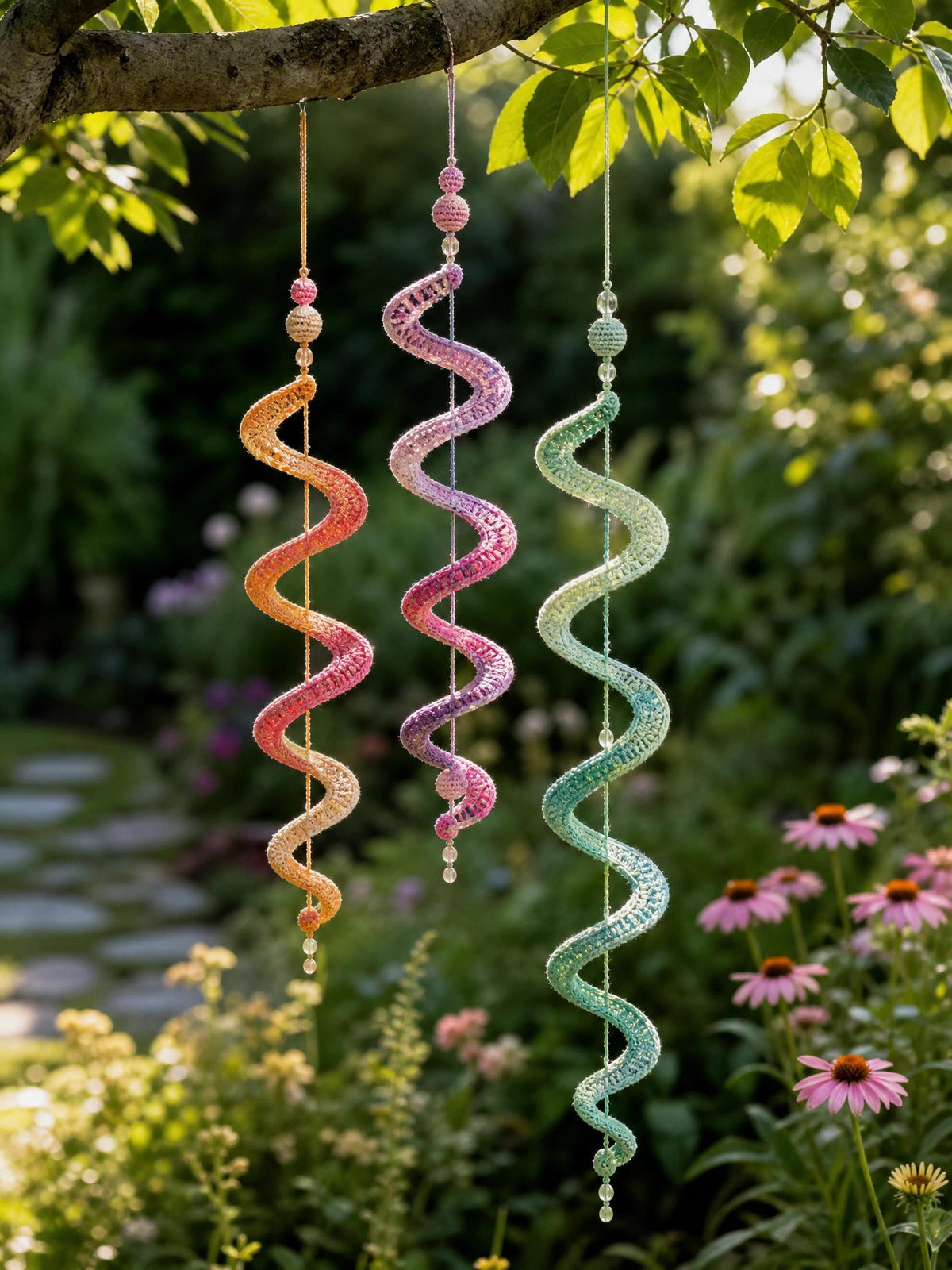Beginner Crochet Pattern – Garden Spiral Wind Mobile with Beads, Tassel (PDF Tutorial)