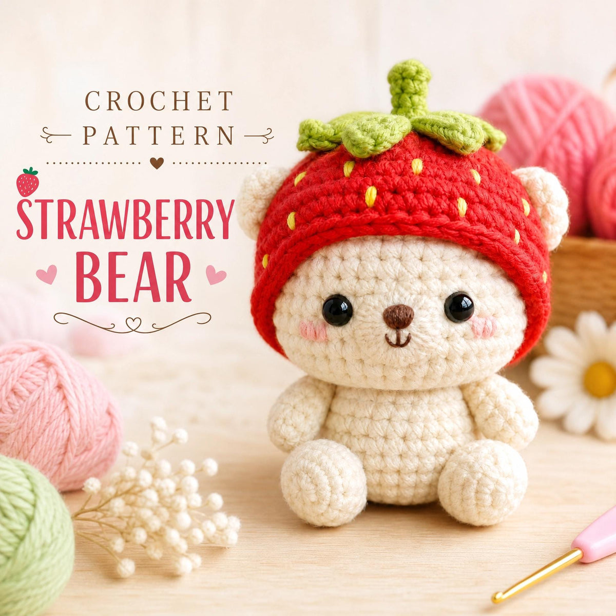 Strawberry Bear Crochet Pattern | Amigurumi Bag Charm Tutorial (PDF Download)