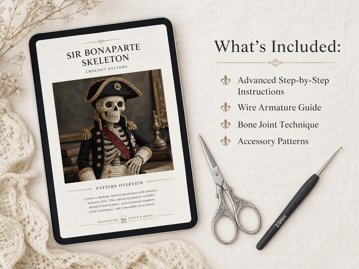 Sir Bonaparte Skeleton Crochet Pattern | Advanced Amigurumi PDF | Posable Skeleton Doll