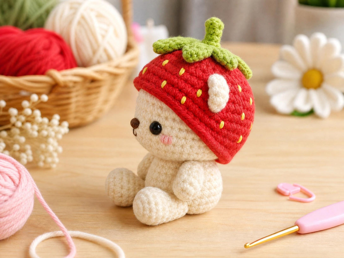 Strawberry Bear Crochet Pattern | Amigurumi Bag Charm Tutorial (PDF Download)