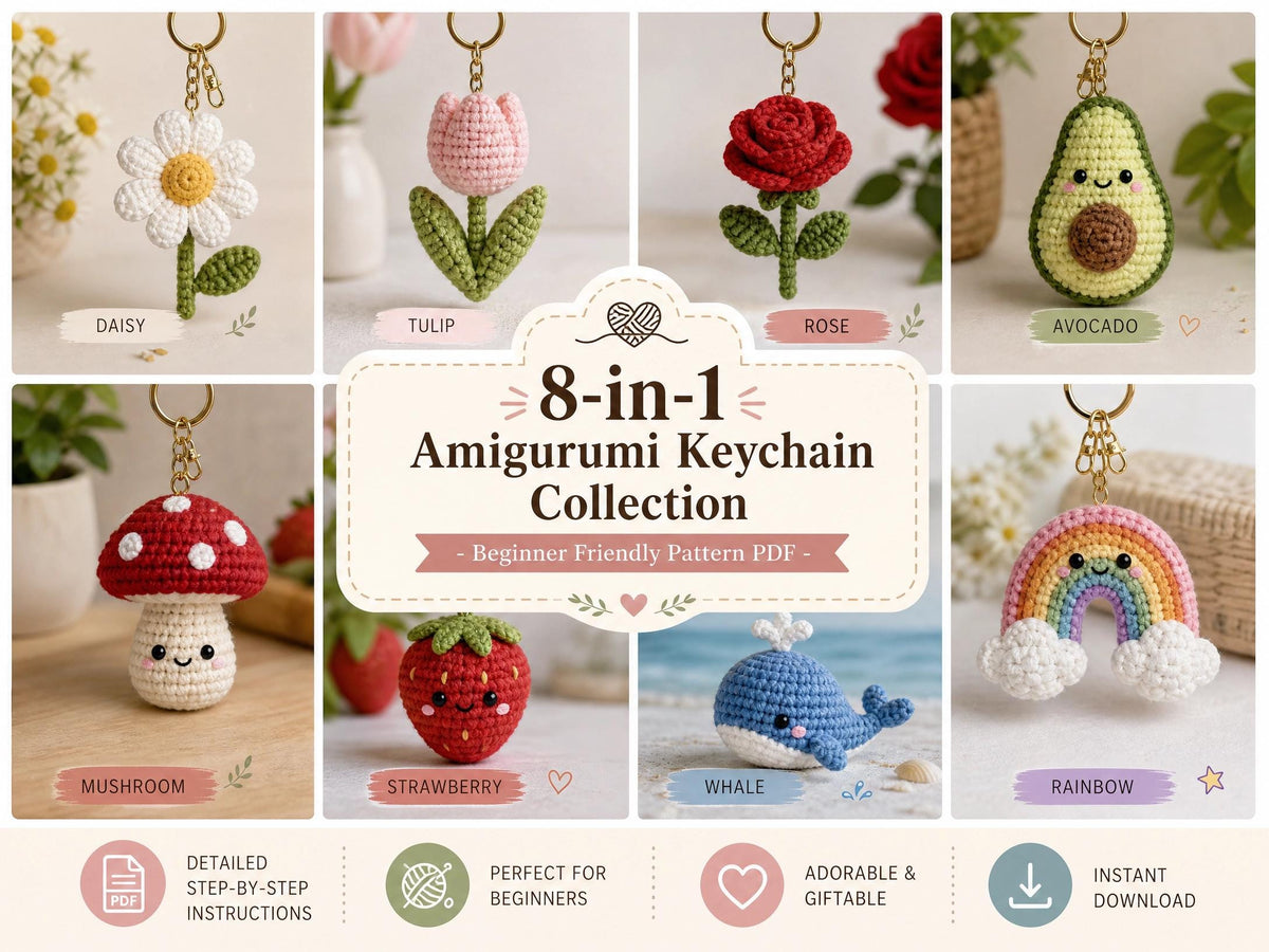 8-in-1 Amigurumi Keychain Crochet Pattern – Flower, Fruit, Animal, Rainbow Designs (PDF Download)