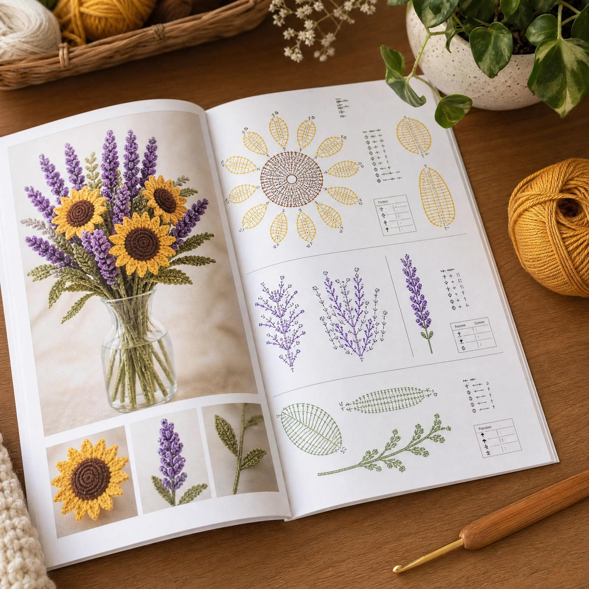Crochet Bouquet Pattern - Sunflowers, Lavender & Eucalyptus - Beginner Friendly PDF - Everlasting Floral Arrangement Digital Download