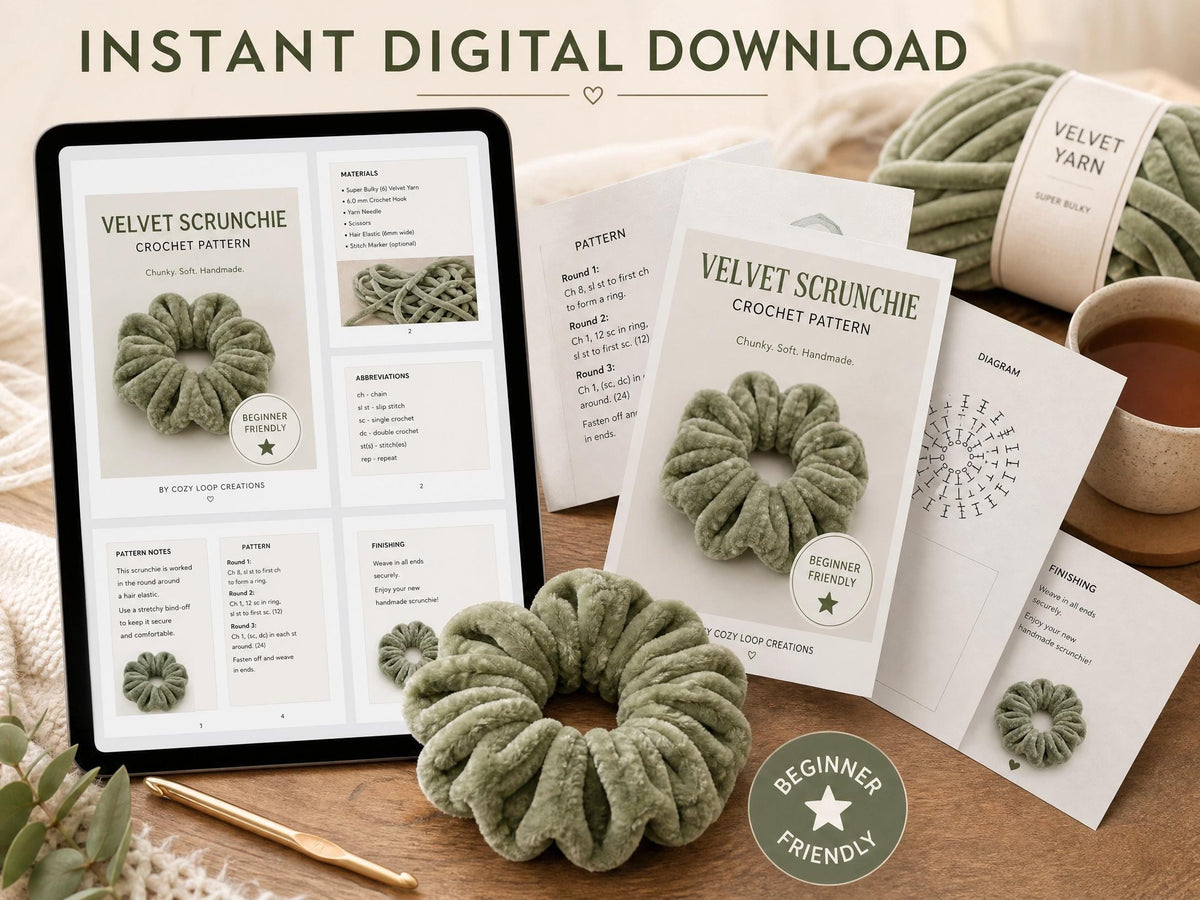Chunky Velvet Crochet Scrunchie Pattern | Beginner Friendly PDF (Digital Download)