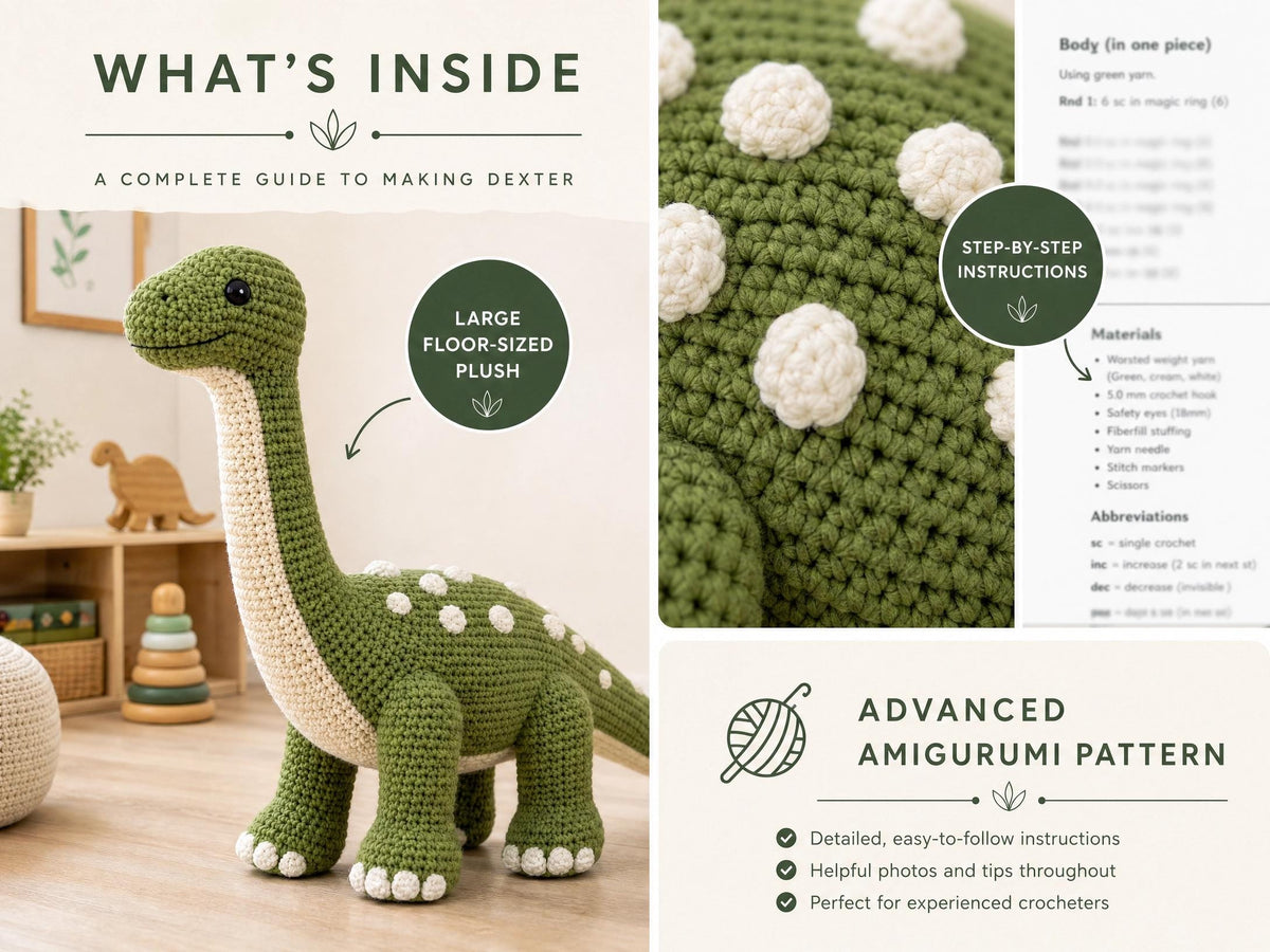 Dexter the Long-Neck Dino Crochet Pattern | Large Floor-Sized Plush PDF | Friendly Dinosaur Amigurumi | Advanced Tutorial