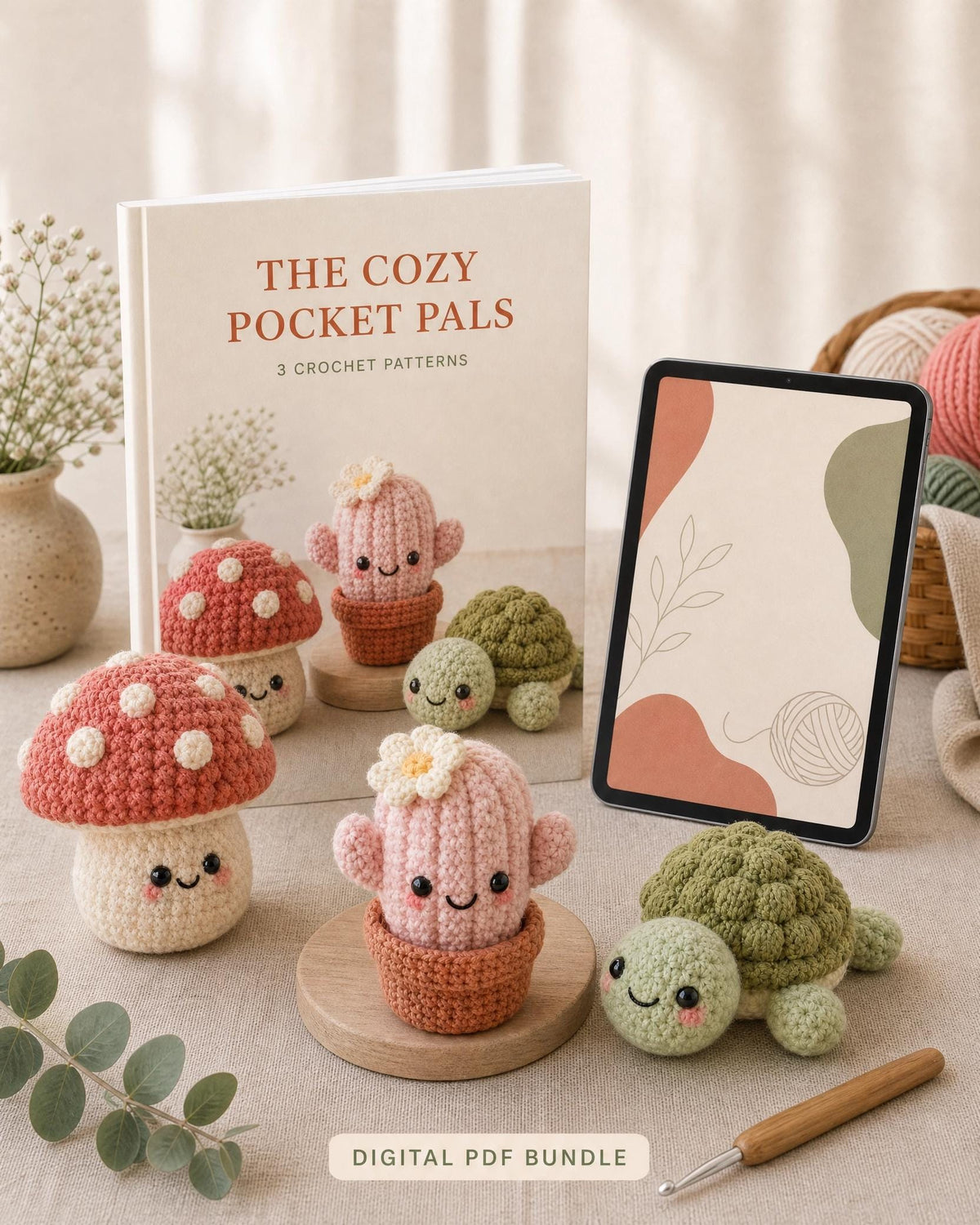 Beginner Crochet Plush Trio Pattern, Mushroom Cactus Turtle Amigurumi (PDF Download)
