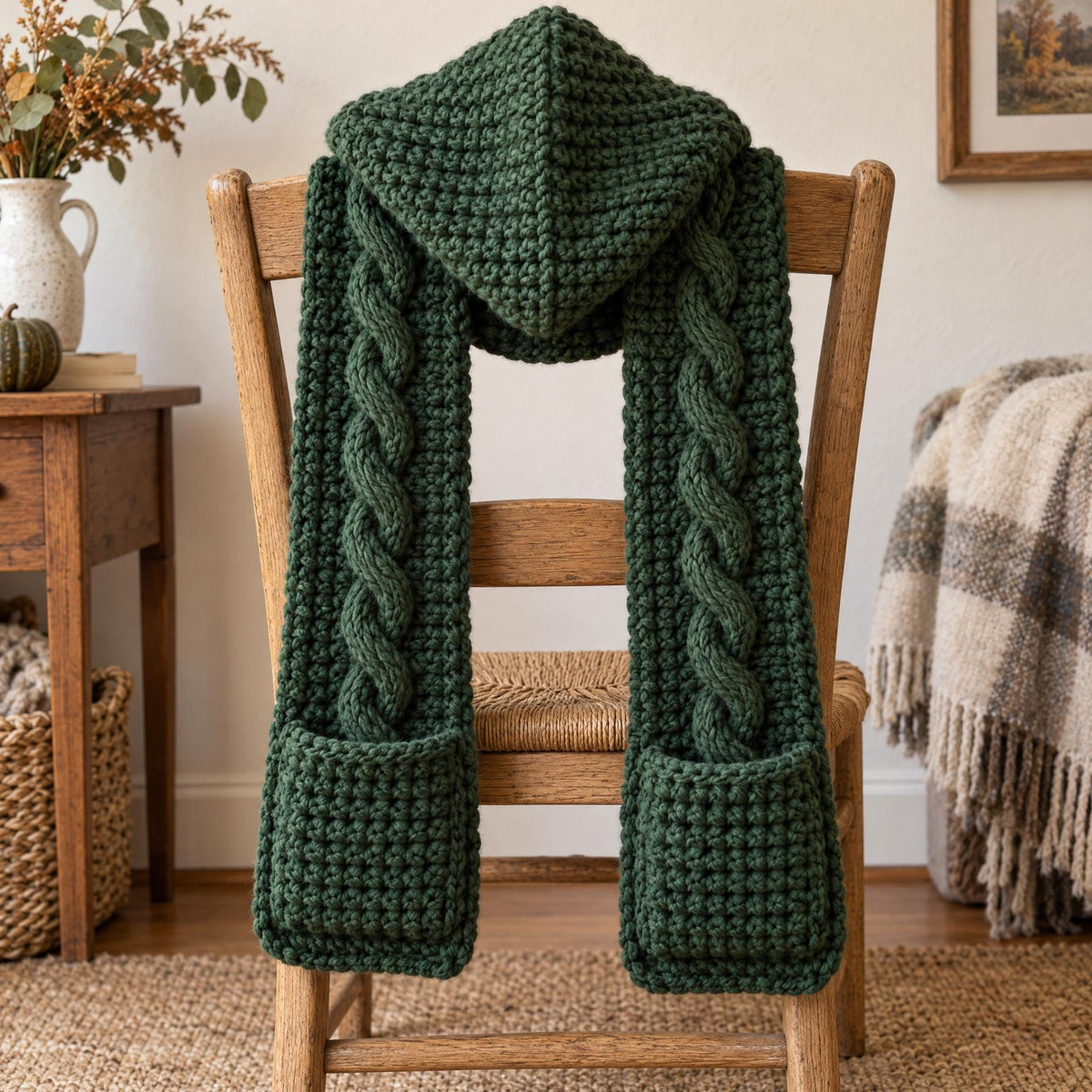 Evergreen Cable Hooded Scarf Pattern: Crochet PDF for Adults