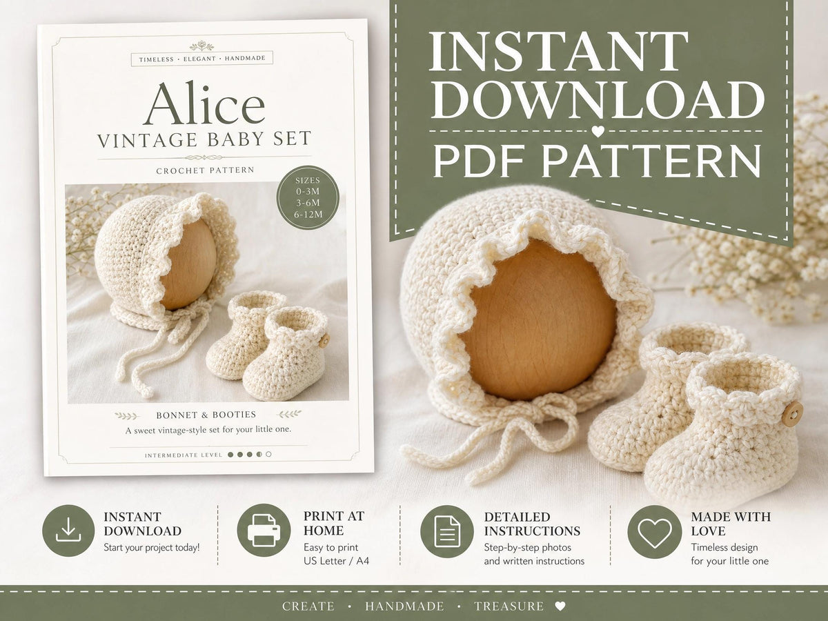 Alice Vintage Baby Bonnet and Booties Crochet Pattern – Heirloom Newborn Set (PDF Pattern)
