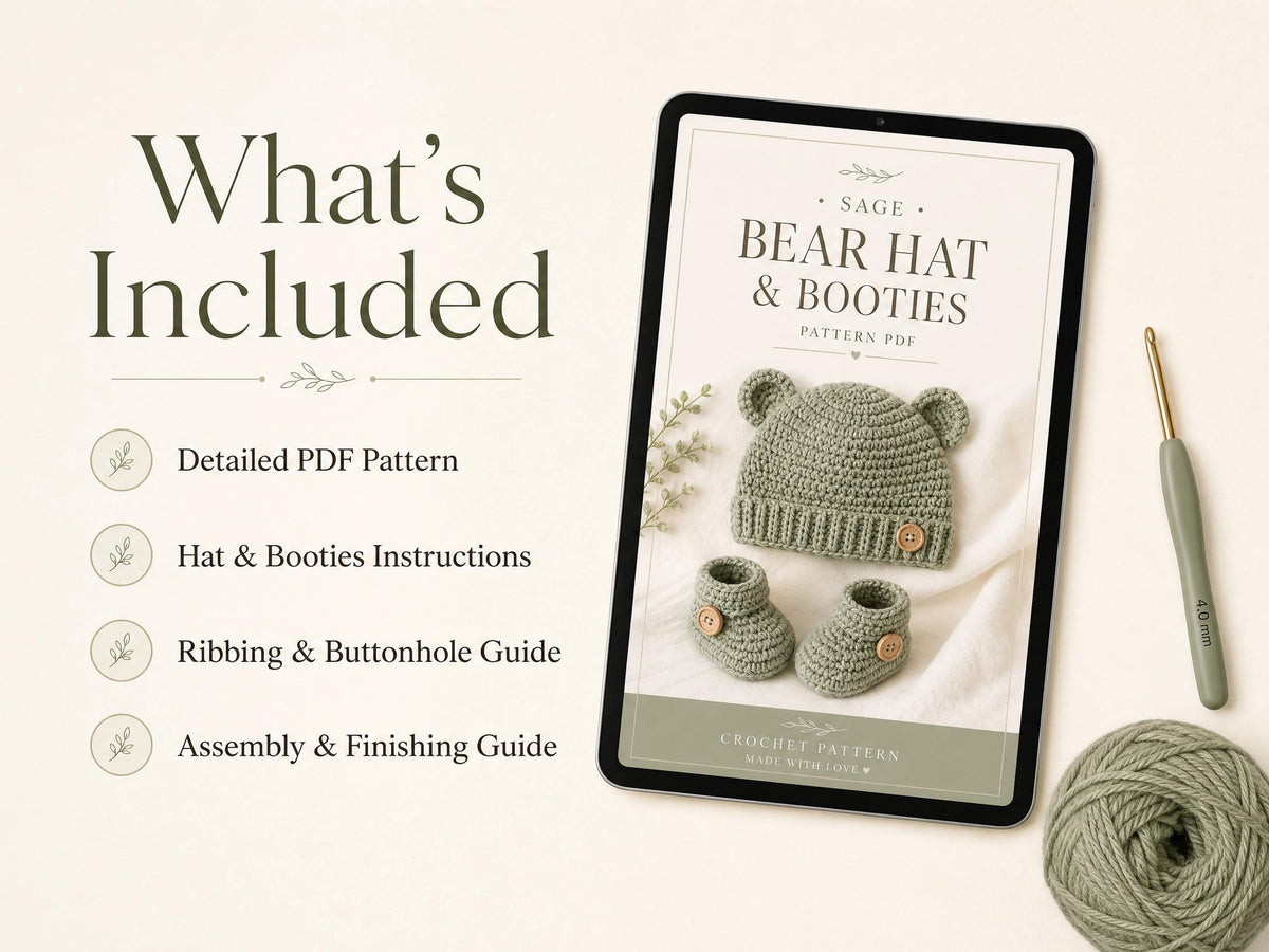 Sage Bear Hat & Booties Crochet Pattern | Newborn Baby Gift Set (PDF)