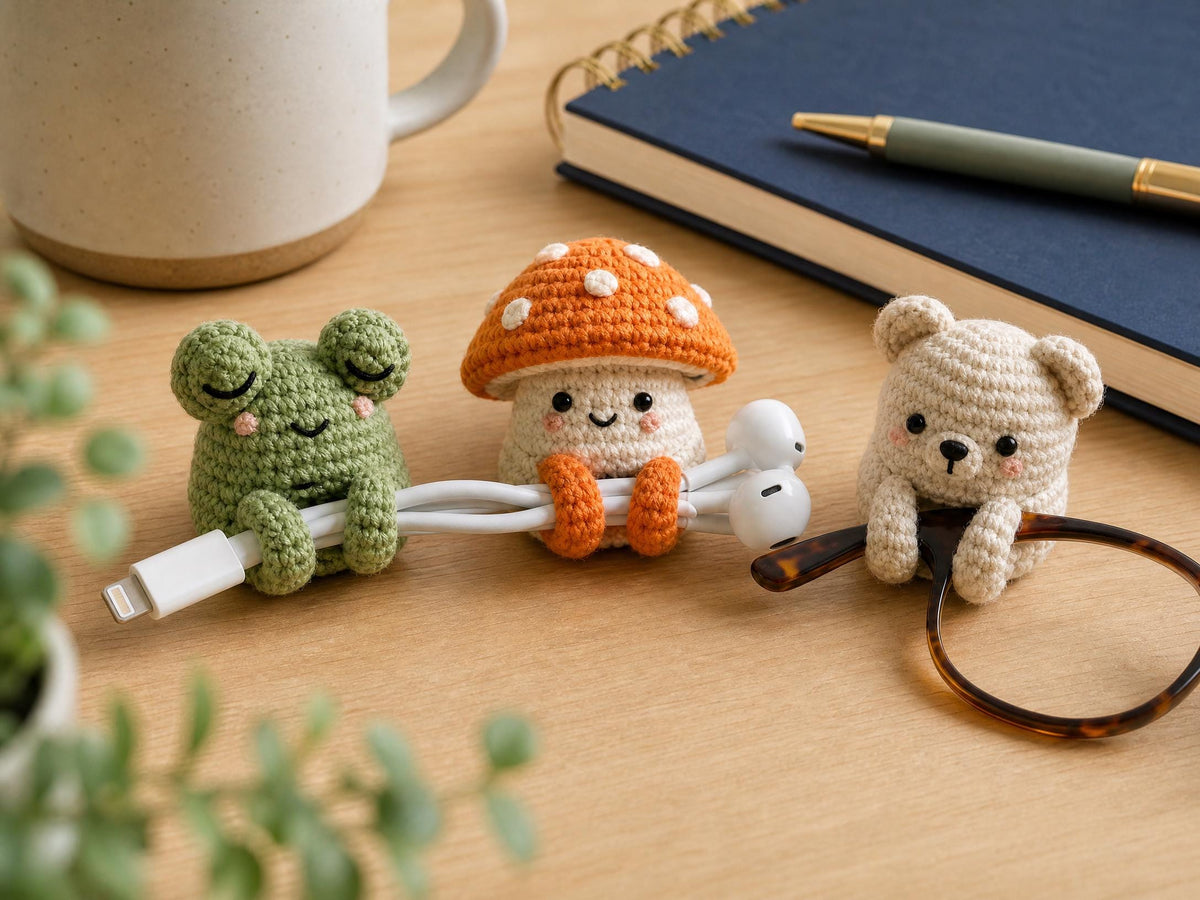 Crochet Frog, Mushroom, Bear Cable Holder Pattern, Beginner Amigurumi Desk Buddy (PDF Download)