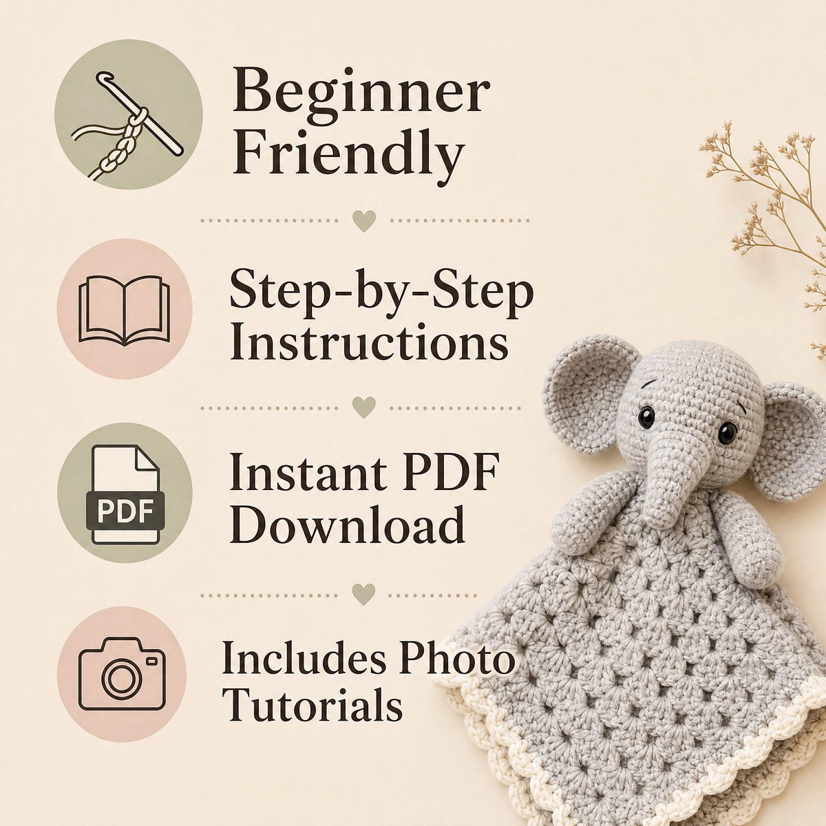 Beginner Friendly Elephant Lovey Blanket Crochet Pattern - Amigurumi Baby Comforter PDF Tutorial
