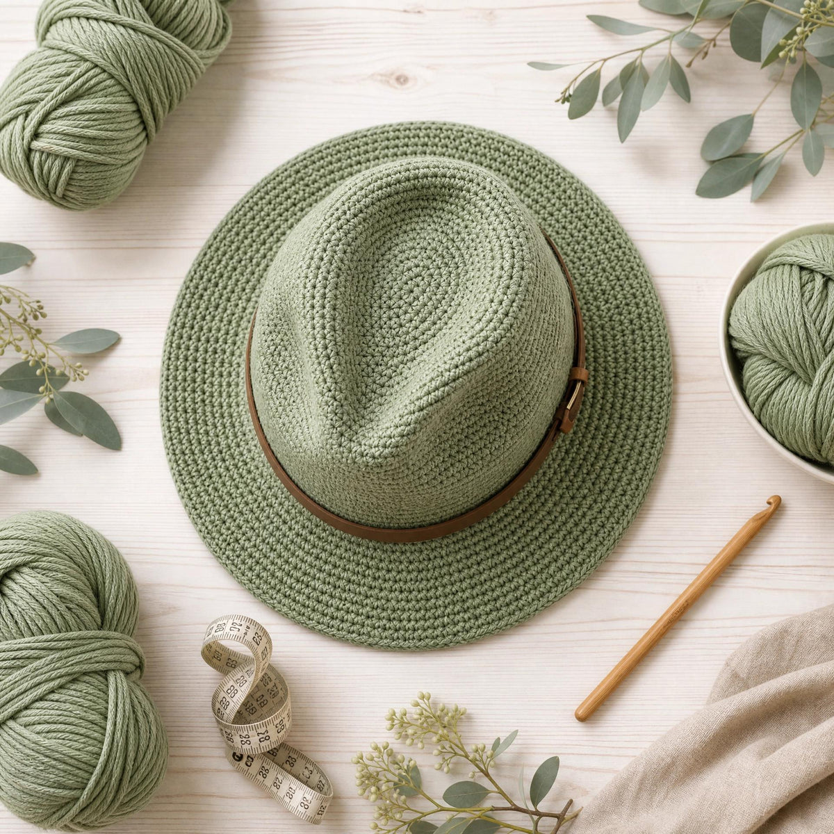 Sage Panama Fedora Crochet Hat Pattern, Structured Wide Brim Sun Hat (PDF Download)