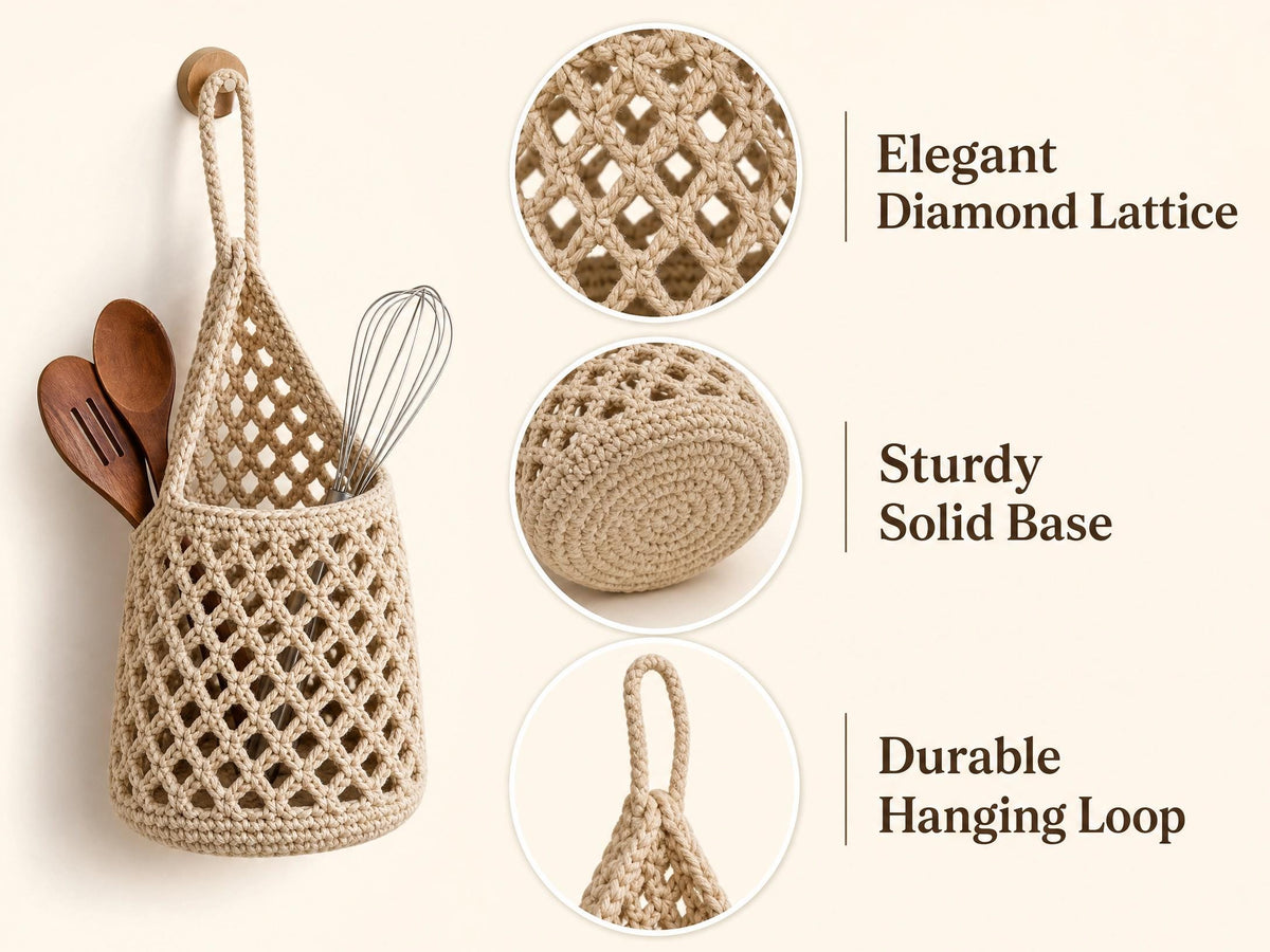 Diamond Mesh Utensil Basket Crochet Pattern | Hanging Kitchen Organizer PDF | Beginner Friendly