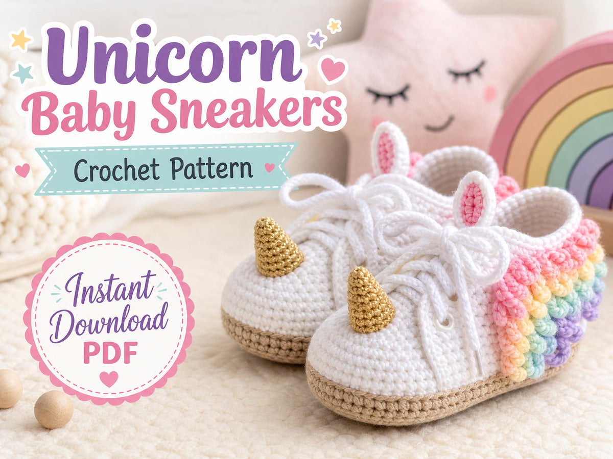 Unicorn Baby Sneakers Crochet Pattern – Amigurumi Style Booties (Newborn-12 Months) (PDF Download)