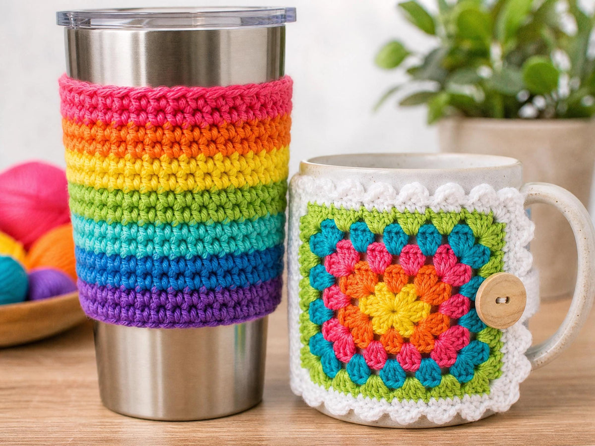 Crochet Cup Cozy Patterns | Heart, Cloud, Daisy, Rainbow, Granny Square Designs (PDF Download)