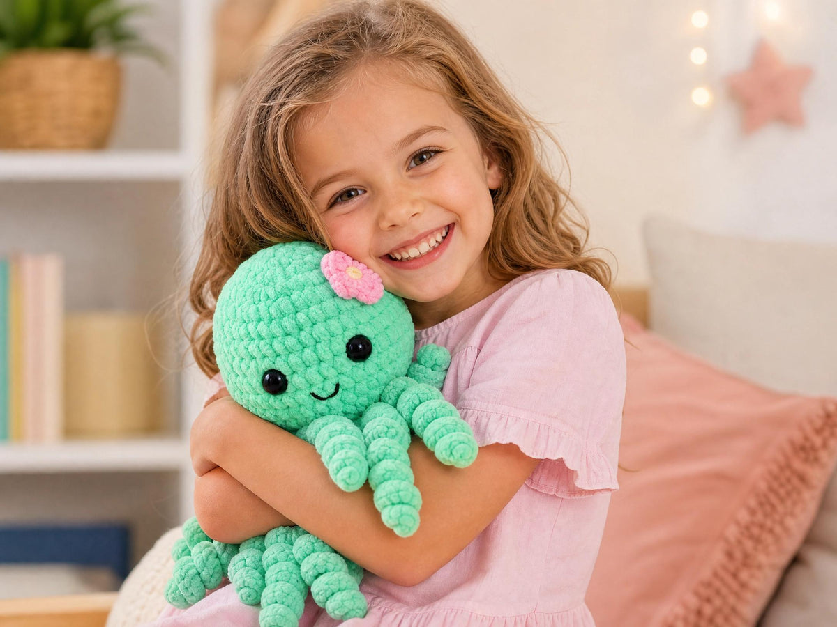 Curly Octopus No-Sew Crochet Pattern | Beginner Amigurumi | Plush Chenille Yarn | Instant Download PDF