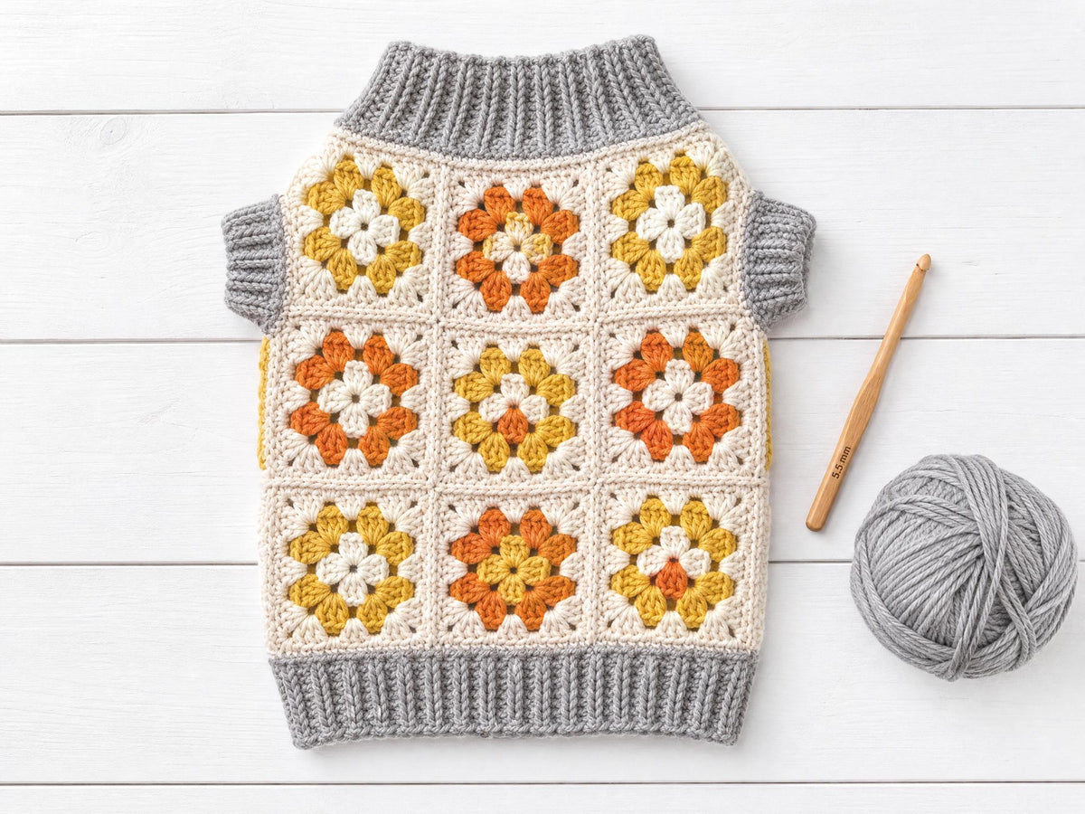 Sunshine Meadow Dog Sweater Crochet Pattern | Beginner Granny Square Jumper (PDF Download)