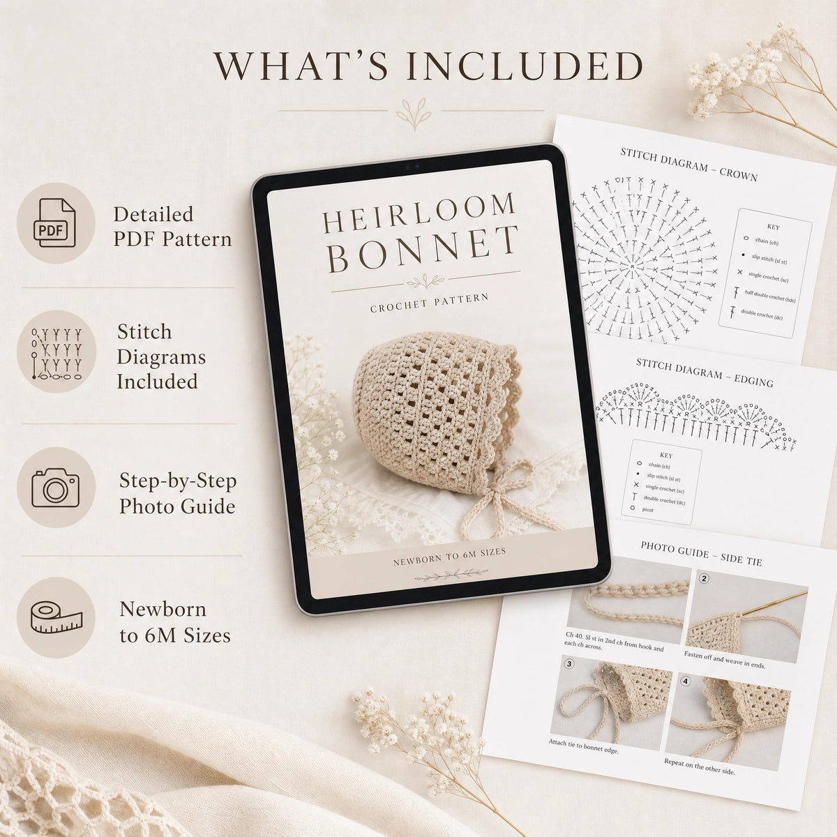 Crochet Heirloom Baby Bonnet Pattern | Romantic Lace Newborn Photography Prop (PDF Download)