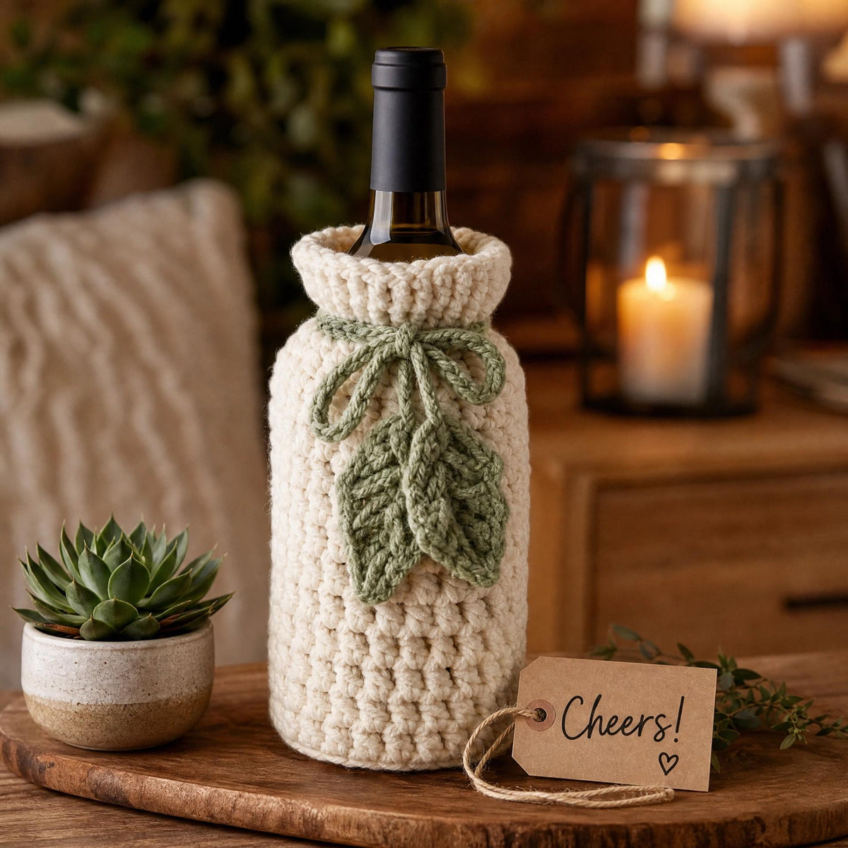 Textured Crochet Wine Bottle Cover Pattern | Sage Green Leaf Appliqué (PDF Pattern)