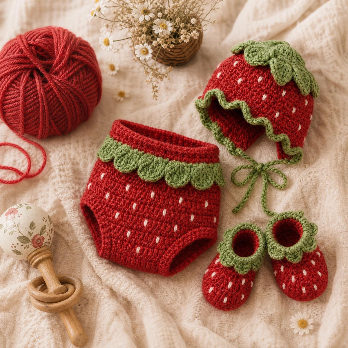 Strawberry Baby Crochet Set Pattern – Bonnet, Diaper Cover, Booties (Digital PDF)