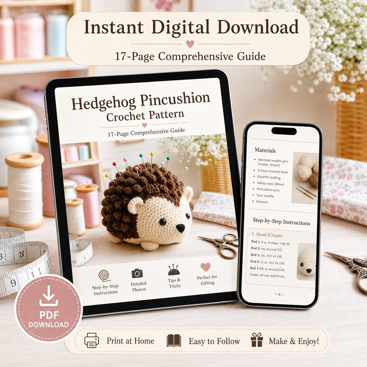 Hedgehog Pincushion Crochet Pattern | Beginner Photo Tutorial + Video (PDF Download)